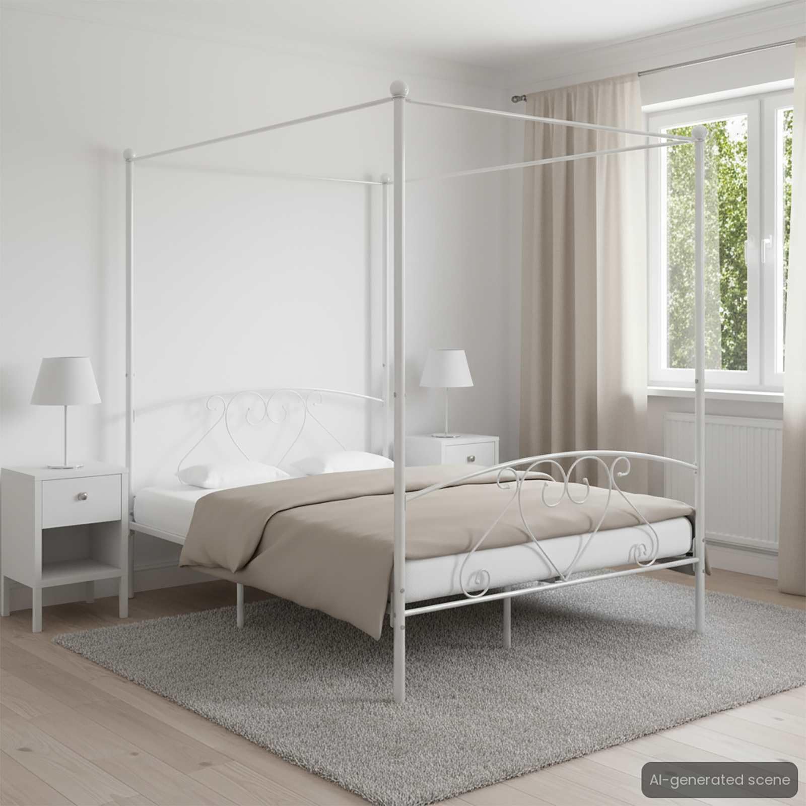 vidaXL Himmelbett Bett Bettgestell Doppelbett Metallbett Bettrahmen Lattenrost Schlafzimmerbett Schlafzimmermöbel Ehebett Weiß 140x200cm