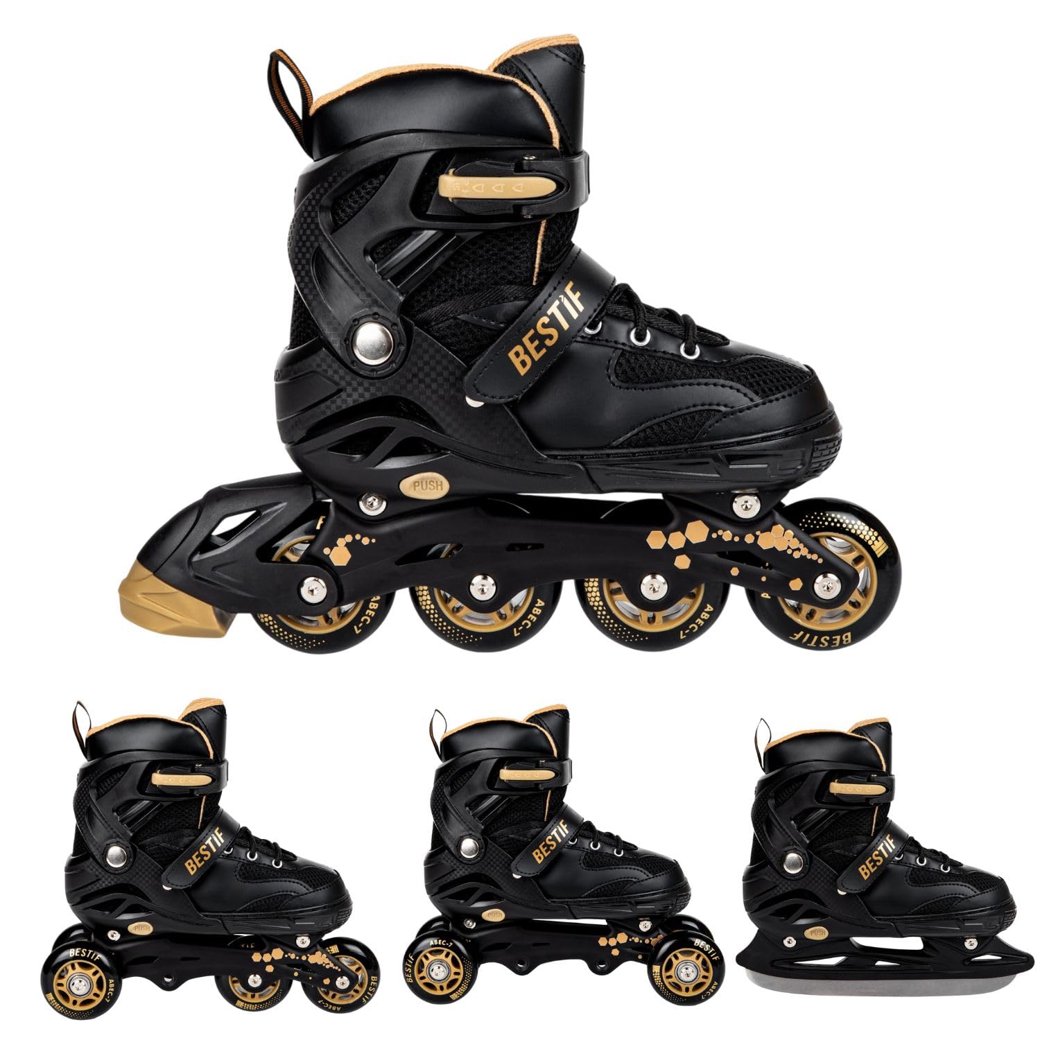 BESTIF Inliner für Kinder und Erwachsene Inline Skates 4in1 Rollschuhe Schlittschuhe Verstellbar (Schwarz-Gold, 34-37)