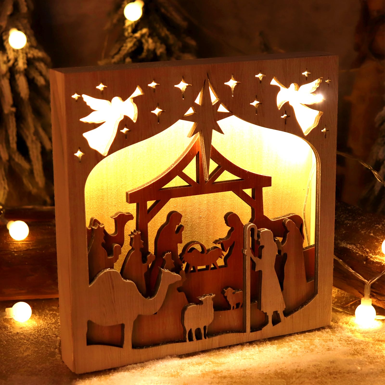 Belén Navideño De Madera Con Luces LED | Temporizador 6h/18h | Decoración Estrella 30 Cm