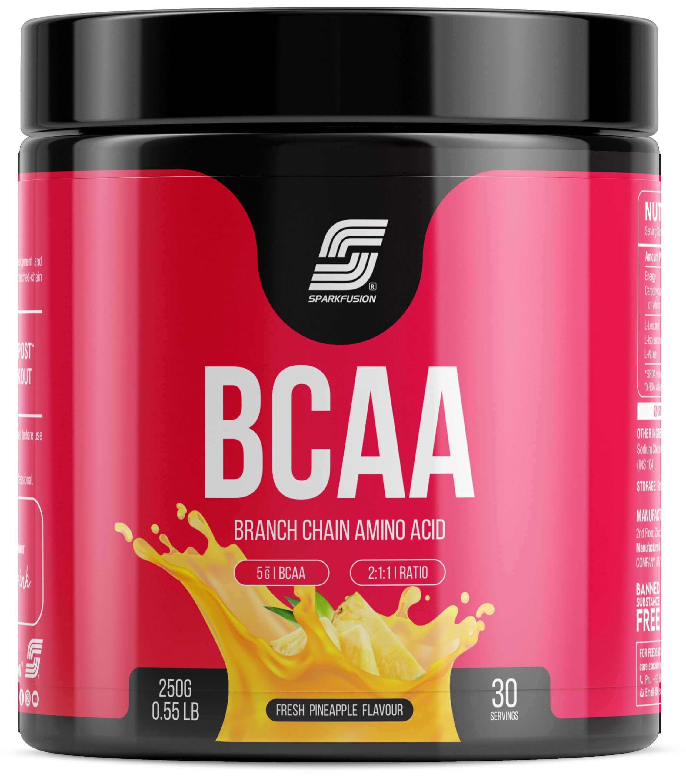 Sparkfusion BCAA Pure-Amino -250 gm (30 Servings) With Complete Ratio of 2:1:1 for Recovery & Performance Boost,Energy Powder (Fresh Pineapple)
