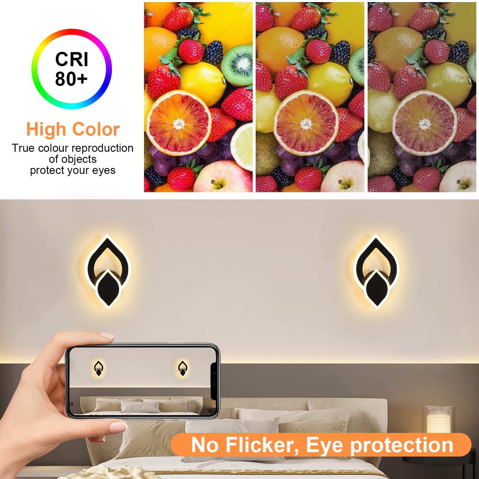 Applique da Parete Interno LED Nero, 2 Pezzi 16W 1800LM Lampada da Parete Camera da Letto, Lampada LED da Muro Moderno Cucina per Bagno Soggiorno Scale Corridoio, Luce Bianca Calda 3000K