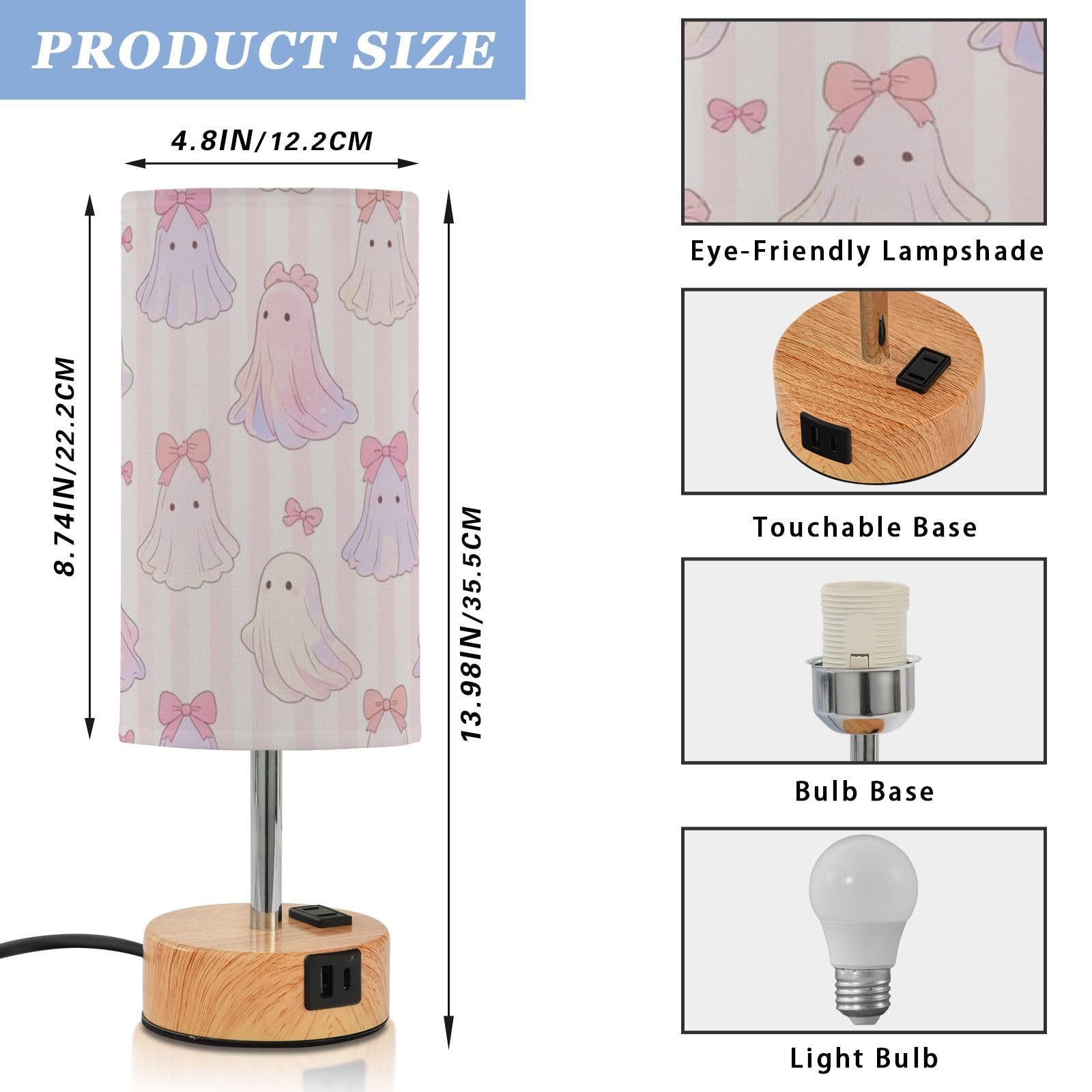 Yuiboo Lampy dotykowe z portami USB C+A, lampa biurkowa do nauki czytania