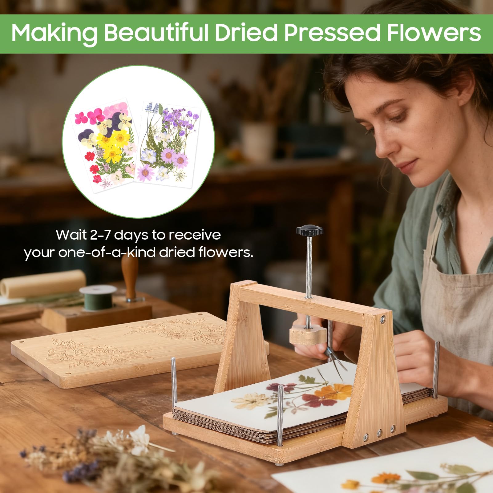 Gugxiom Juego de prensa de flores, prensa de flores grande de 27,5 cm x 17,5 cm hecha de madera, incluso impresión, juego de prensa artificial para la producción de flores secas/plantas, para plantas