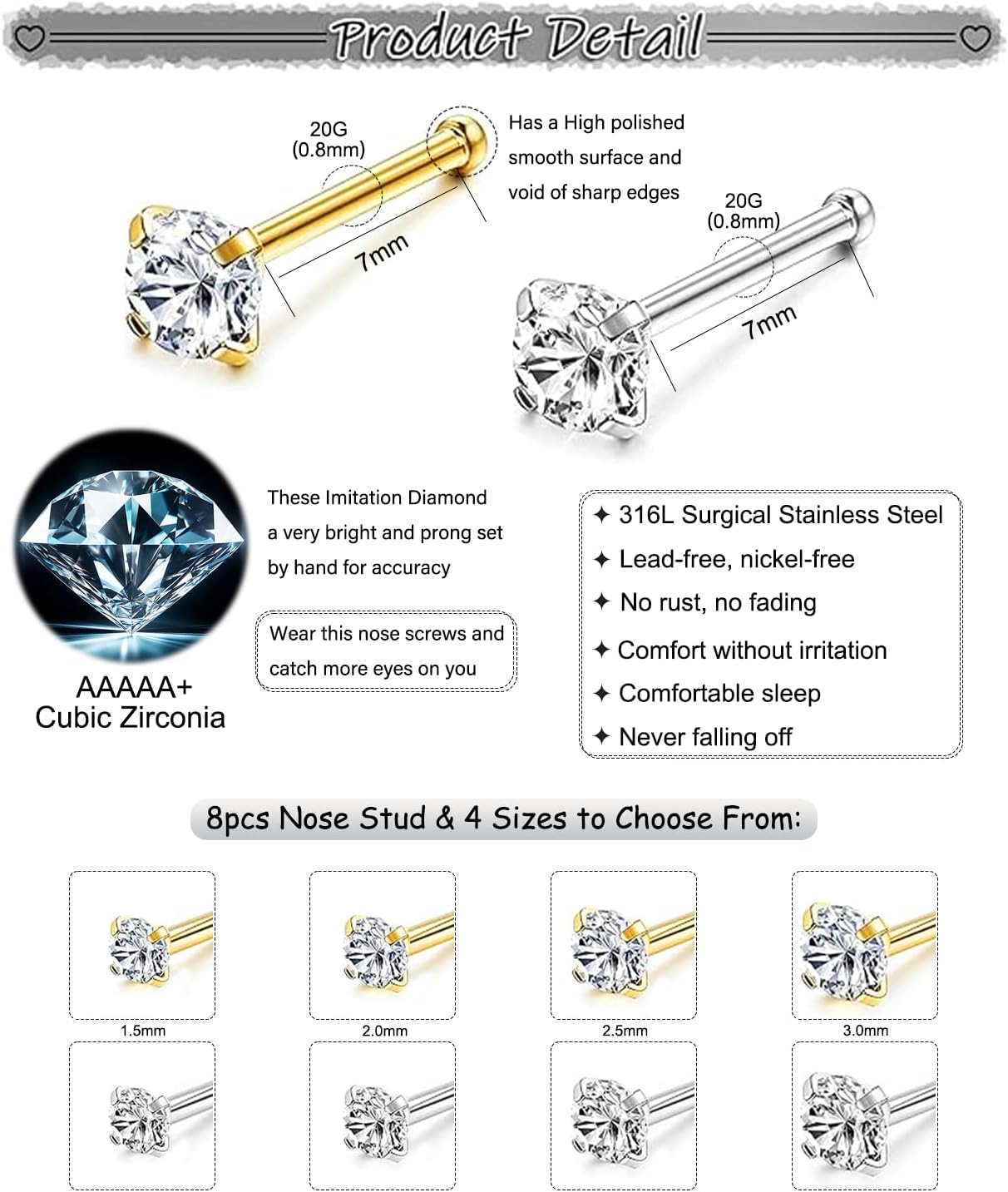 8PCS 18G 20G Gold/Silver Nose Studs, 316L Surgical Steel Straight Bone Set | 4 CZ sizes from 1.5mm to 3mm for subtle to bold looks, lightweight comfort, a secure fit and everyday wear for sensitive skin