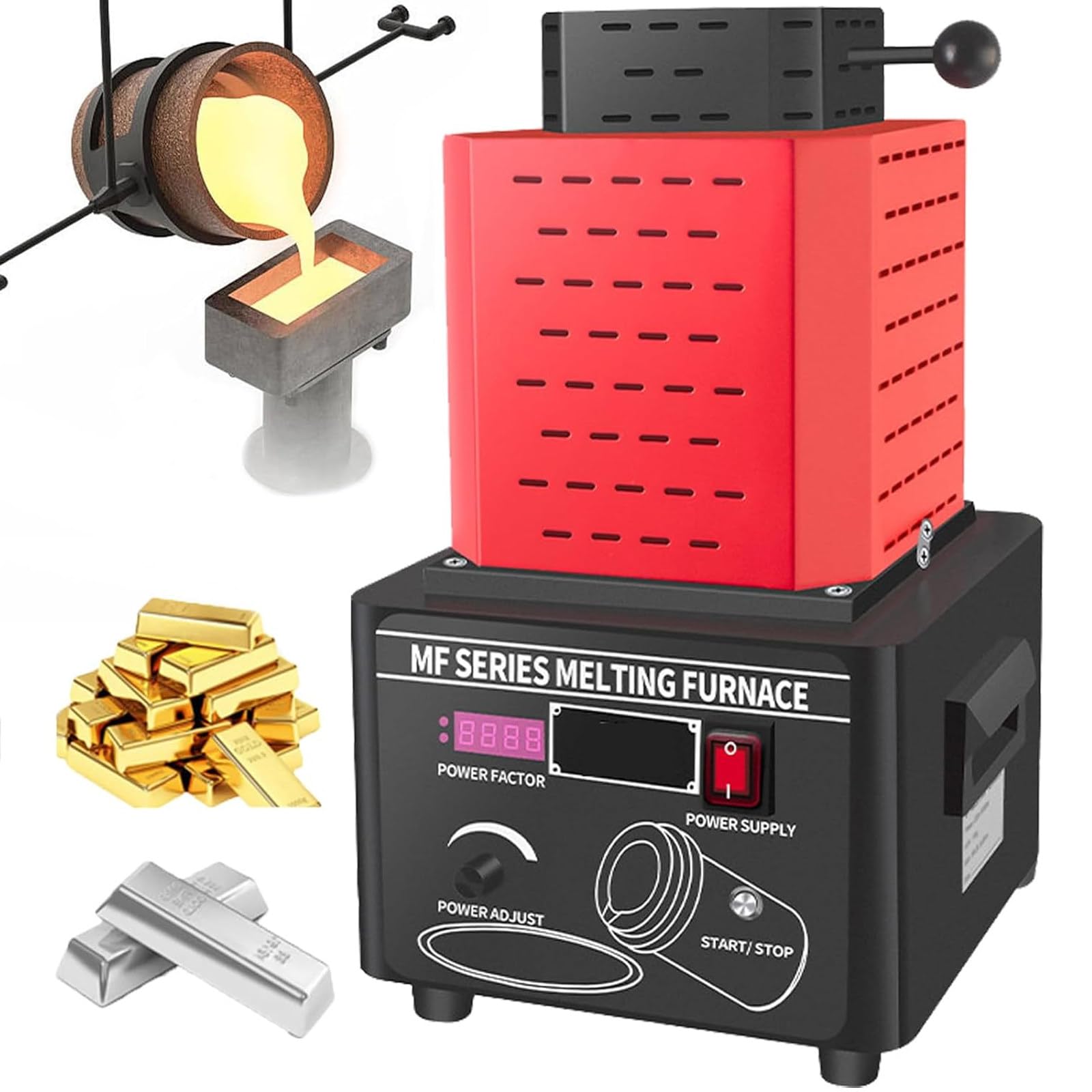 Elektryczny piec do topienia złota, cyfrowa maszyna do topienia 1600℃/2912℉, zestaw do odlewania metali z tyglem grafitowym, piec do topienia 5000 W, czas topienia 3-5 minut Red-3kg