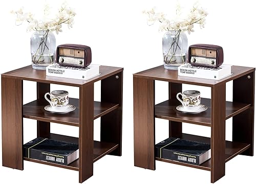 Miniatura 7 de HUMEHA Mesa auxiliar, mesa auxiliar con estantes de 3 niveles, mesa de centro cuadrada marrón con almacenamiento, mesita de noche de madera para