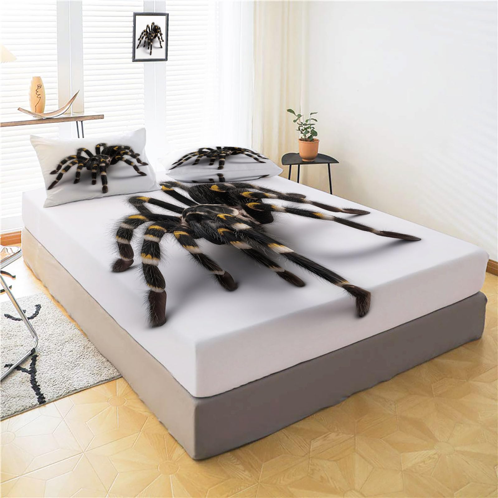 Sábanas 200X190/200Cm - Juego De Sábanas 3 Piezas Estampadas Araña 3D - Microfibra Suave Transpirable - Sábana Bajera Ajustable - Ropa De Cama Vida Salvaje (Crema)