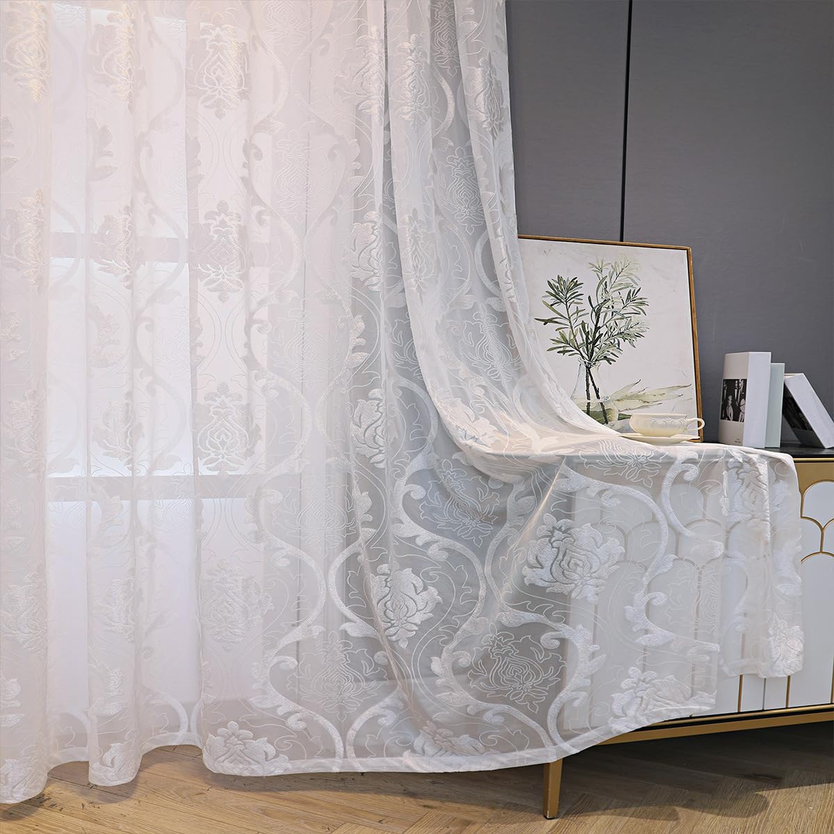 Vintage Vorhang Halbtransparent Ösen 3D Tufted Barock Gardinen Wohnzimmer | Weiß Gardinen Transparent Lichtdurchlässig Ösenvorhang Ösenschal für Schlafzimmer 2er Set 140x225