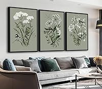 Vista 1 de Vibrant Flowers Canvas Wall Art - White Floral Framed Wall Decor Aesthetic Spring Pictures Botanical Paintings Sage Green Art Prints for Living Room