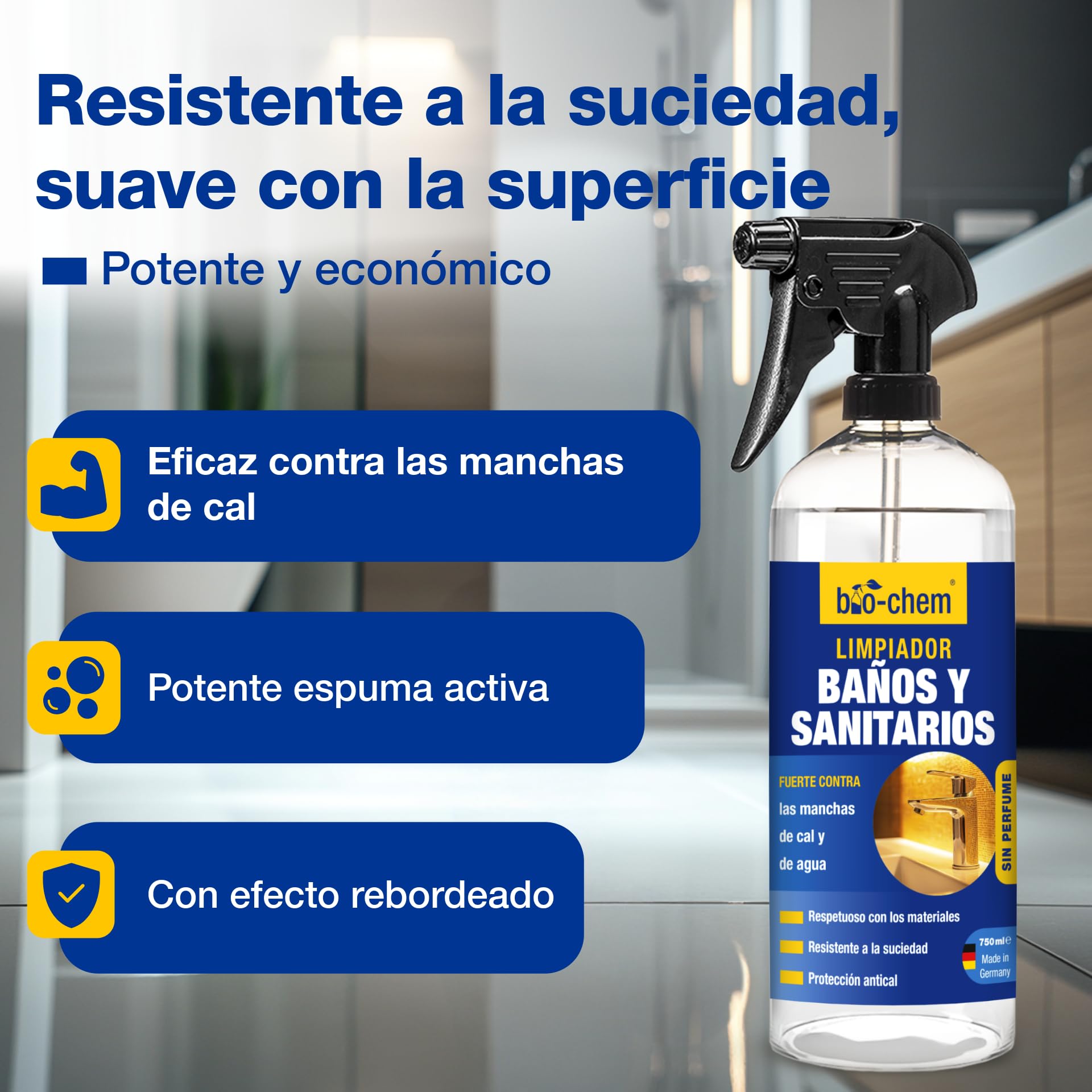 bio-chem Limpiador de Baños e Inodoros 5L + 750ml | Producto de limpieza para la ducha, el lavabo y el inodoro - Detergente antical y antimoho para el baño