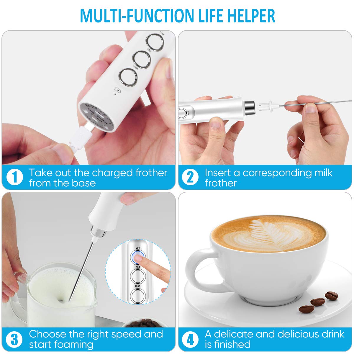 Mousseur à Lait électrique USB Rechargeable - 3 Vitesses, Tête Inox Amovible, Pour Cappuccino, Chocolat, Smoothie - 4