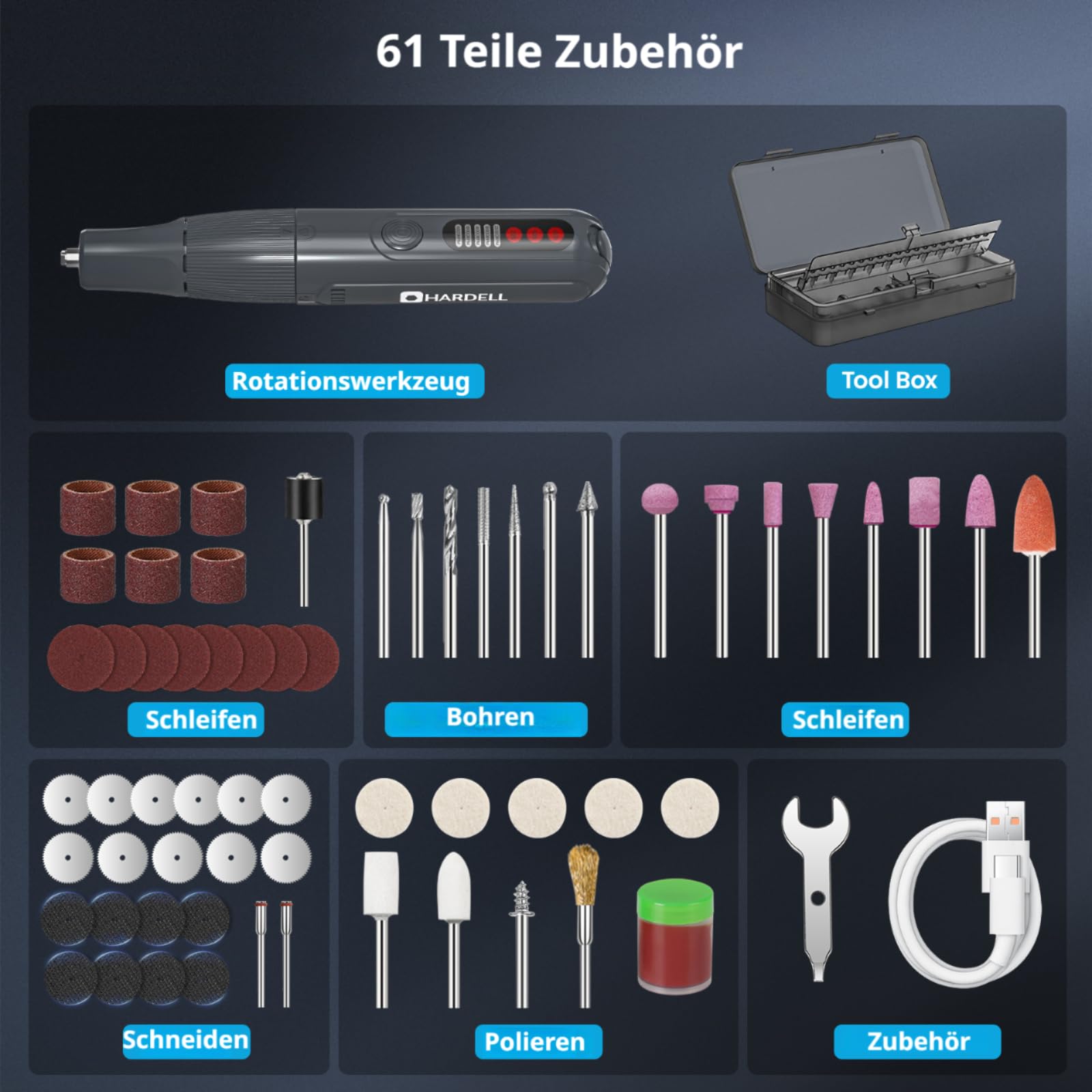 HARDELL Mini Trapano Elettrico 8V, Utensile Rotante Multifunzione, 5 Velocità, 61 Accessori, Display Digitale, Type-C, Luce LED, Aspirazione Magnetica, Per Forare, Incidere, Lucidare, DIY