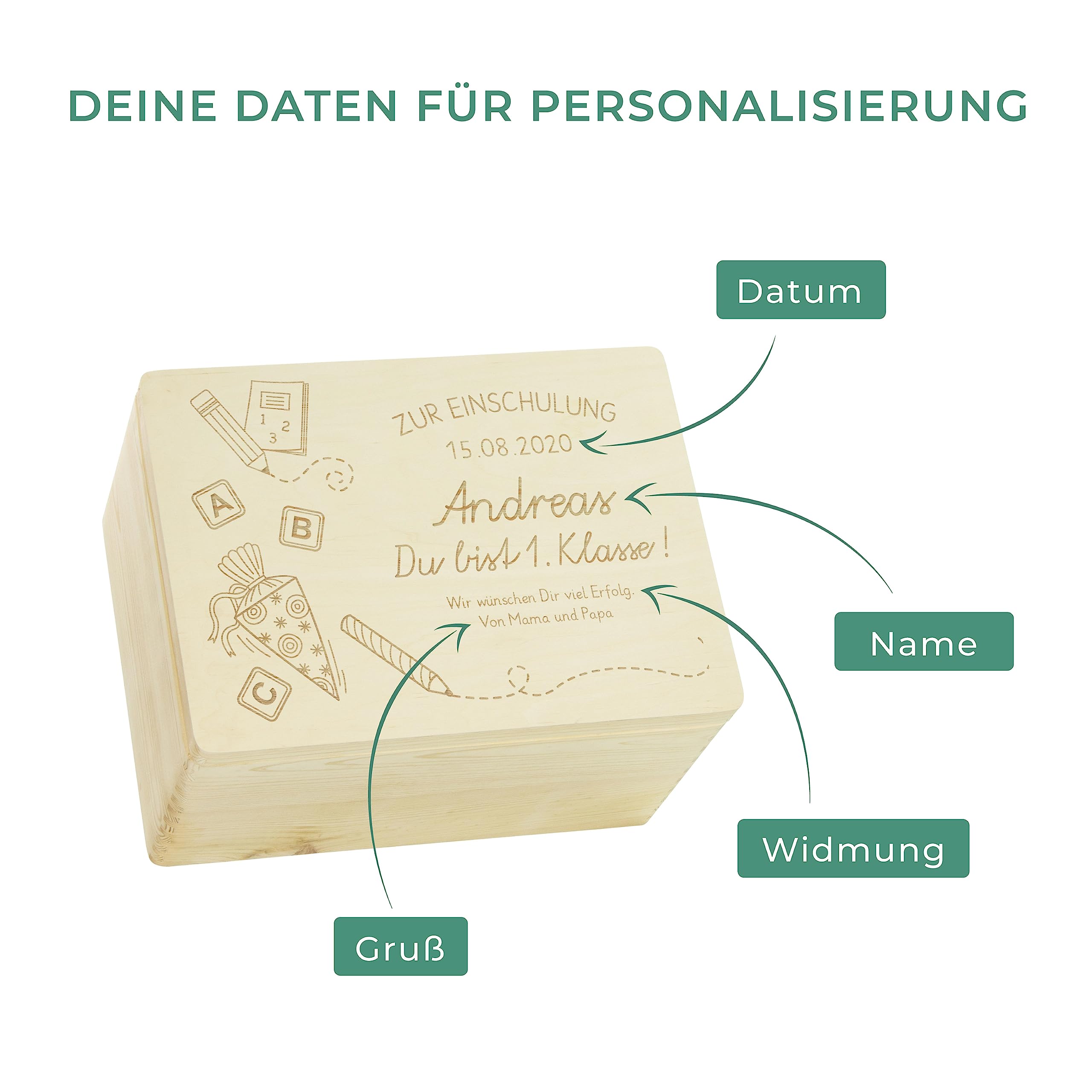 LAUBLUST Holzkiste mit Gravur - Personalisiert mit Datum | Name | WIDMUNG - Naturbelassen, Größe XL - Schultüte Motiv - Geschenkkiste zur Einschulung - FSC®