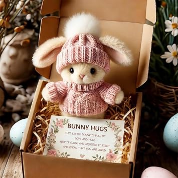 Handmade Mini Bunny Hug Cute Easter Gift, 2026 New Soft Plush Rabbit Mini Bunny Hugs in Box with Card, Easter Basket Rabbit Stuffer Women Men Pink