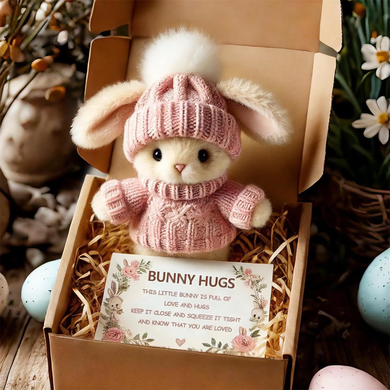 Handmade Mini Bunny Hug Cute Easter Gift, 2026 New Soft Plush Rabbit Mini Bunny Hugs in Box with Card, Easter Basket Rabbit Stuffer Women Men (Pink)