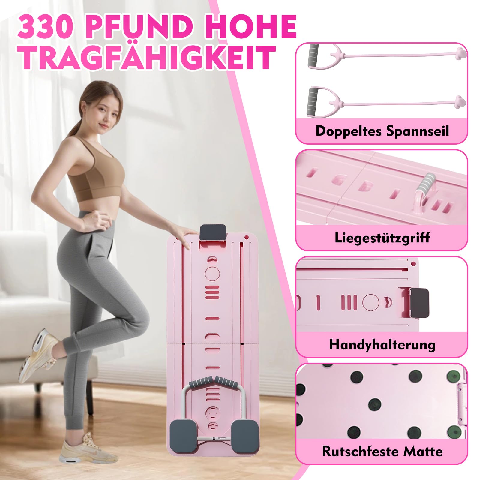 Pilates Board, 2025 Upgraded Faltbarer Pilates Reformer Maschine Set, 5-in-1 Pilates-Reformer mit LED-Zähler, automatischer Rückprallrolle für Übungen zu Hause (Pink)