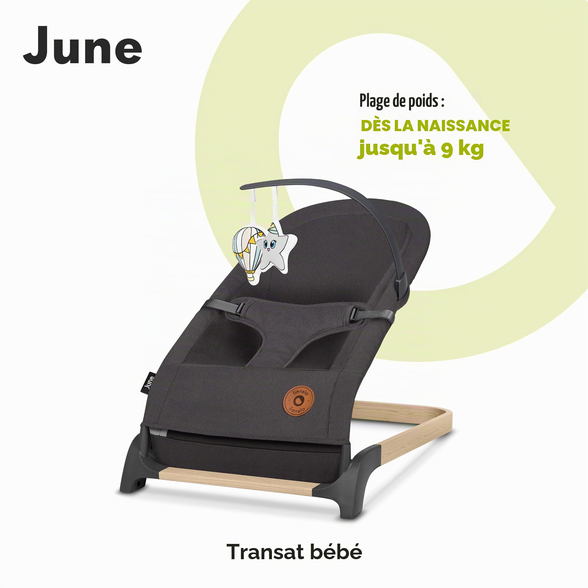 Lionelo June Transat pour nouveau-né jusqu'à 9 kg, chaise confortable avec mouvement apaisant naturel, soutien dorsal ergonomique, harnais de sécurité à 3 points, tissu doux respirant, léger et