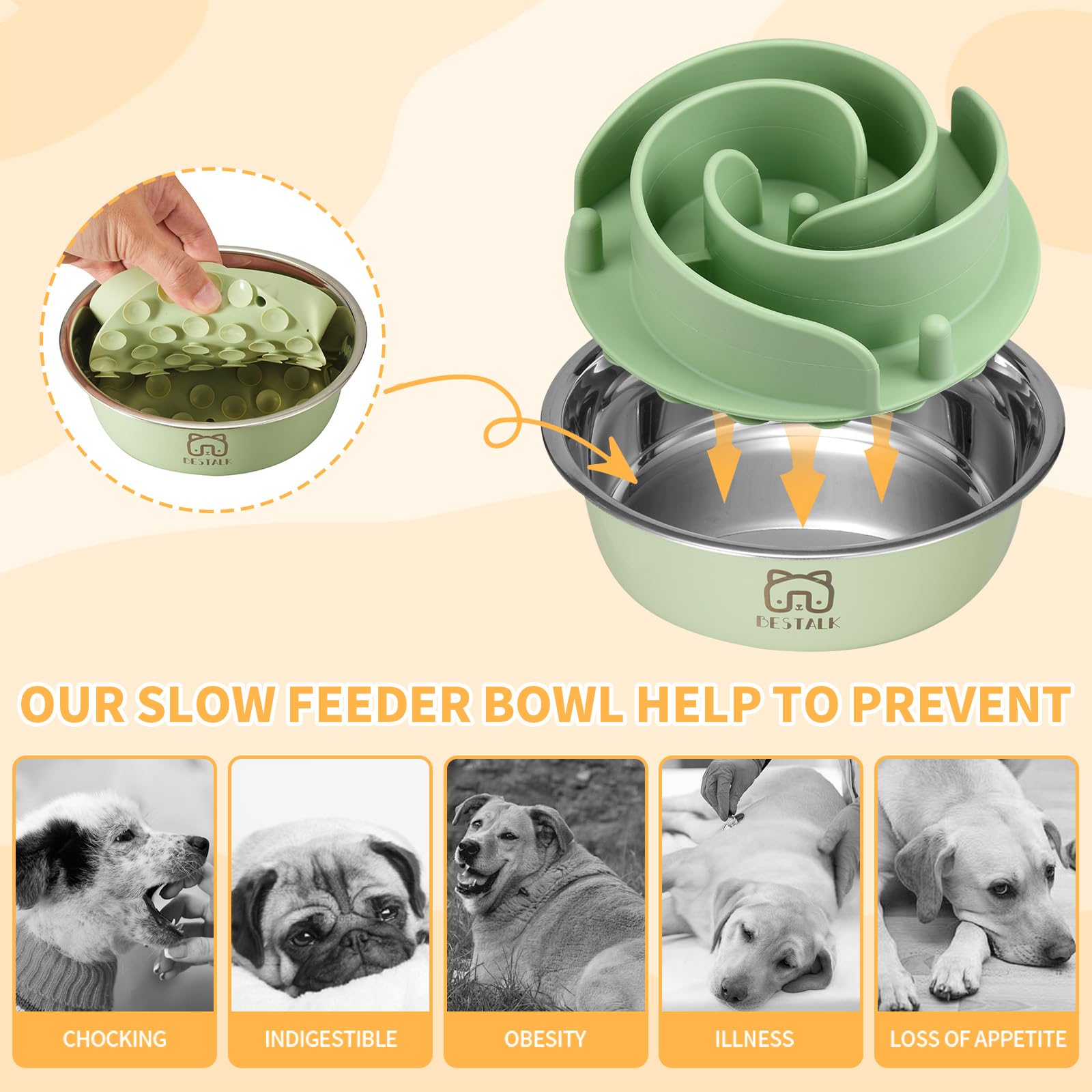 Cuenco de metal 2 en 1 de alimentación lenta para perros, cuencos de acero inoxidable con inserto de alimentación lenta de silicona, cuenco de agua de grado alimenticio 304 con base