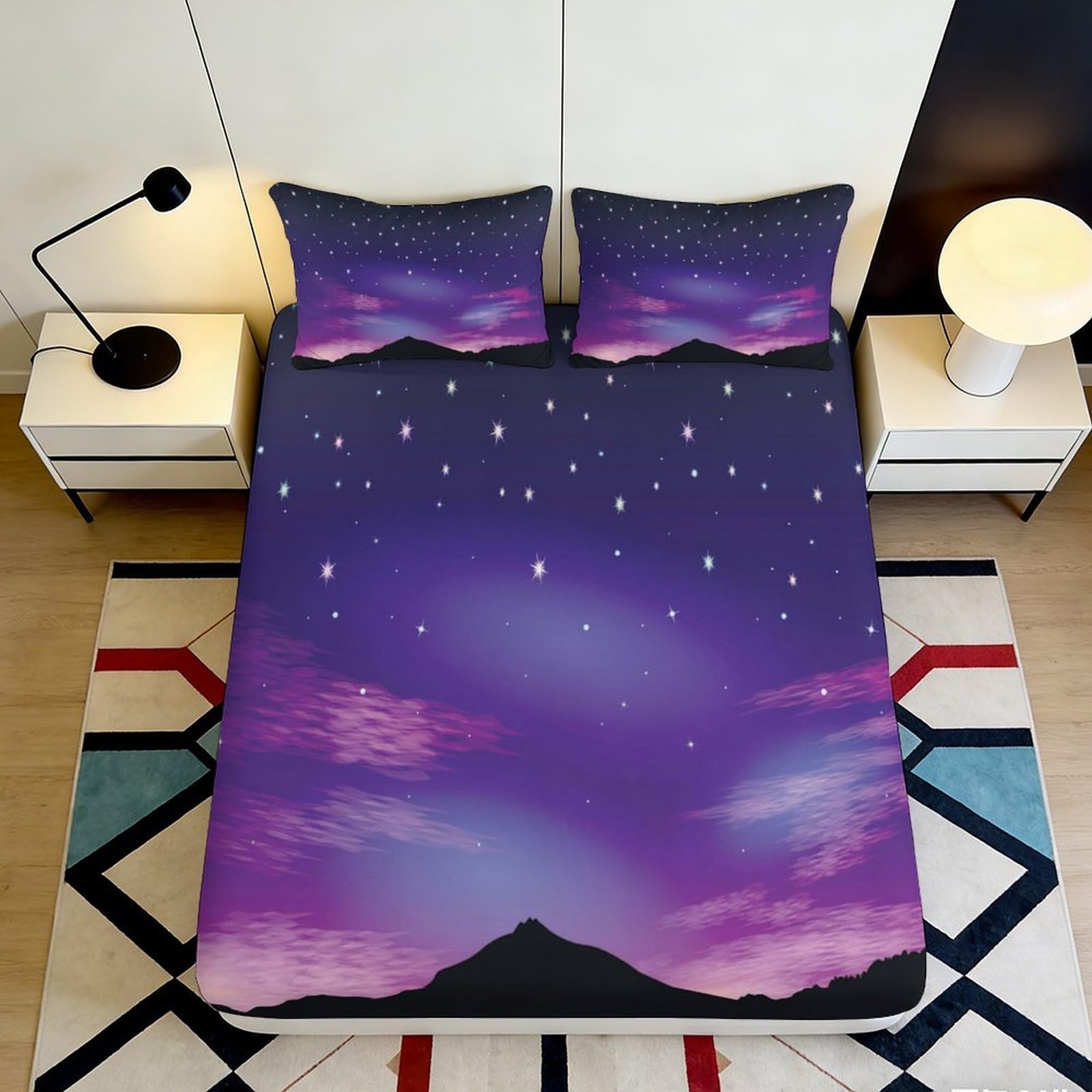 3D Printed Night Sky Fitted Sheet, Purple Starry Mountain Microfiber, Soft Touch, Bed Cover for Bedroom, Guest Room Bedding, Easy Care, Wrinkle Resistant, 115 90x200x25cm