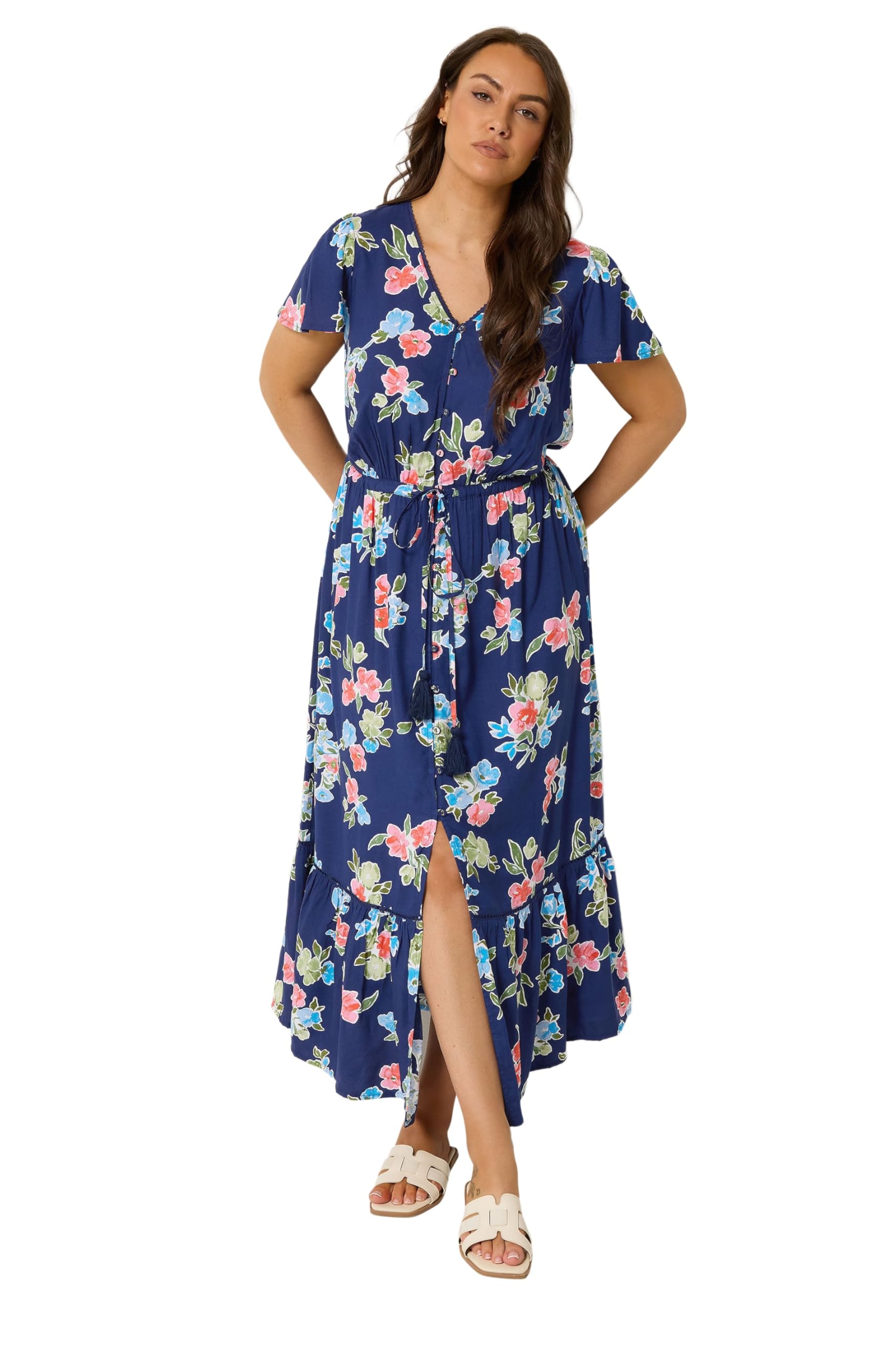 Yours Women's Dark Blue Curve Blue Floral Print Maxi Dress - Plus Size Curve