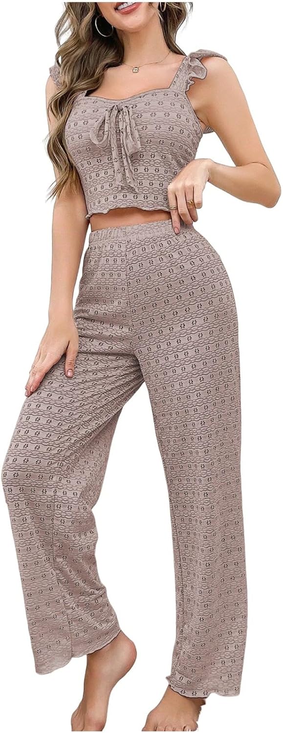HGps8w Women's Eyelet Pajamas Sets, Cute Ruffle Sleeveless Sexy Crop Tank Top Matching Summer 2 Piece Lounge Outfits