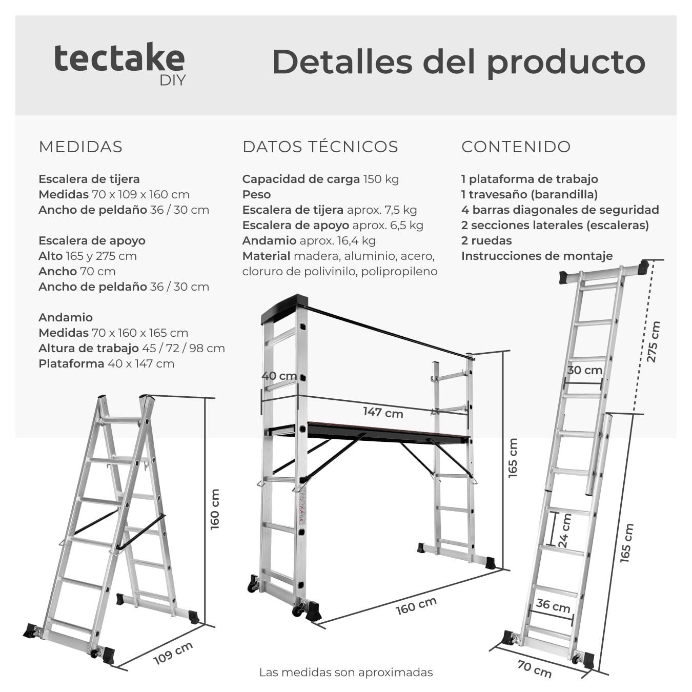 tectake® Escalera Plegable Aluminio, Escalera Telescópica Multiusos 4 en 1: Escalera Extensible, Escalera de Tijera, Andamio Simple, Andamio para Desniveles, con Ruedas, Estable, Carga MAX. 150 kg
