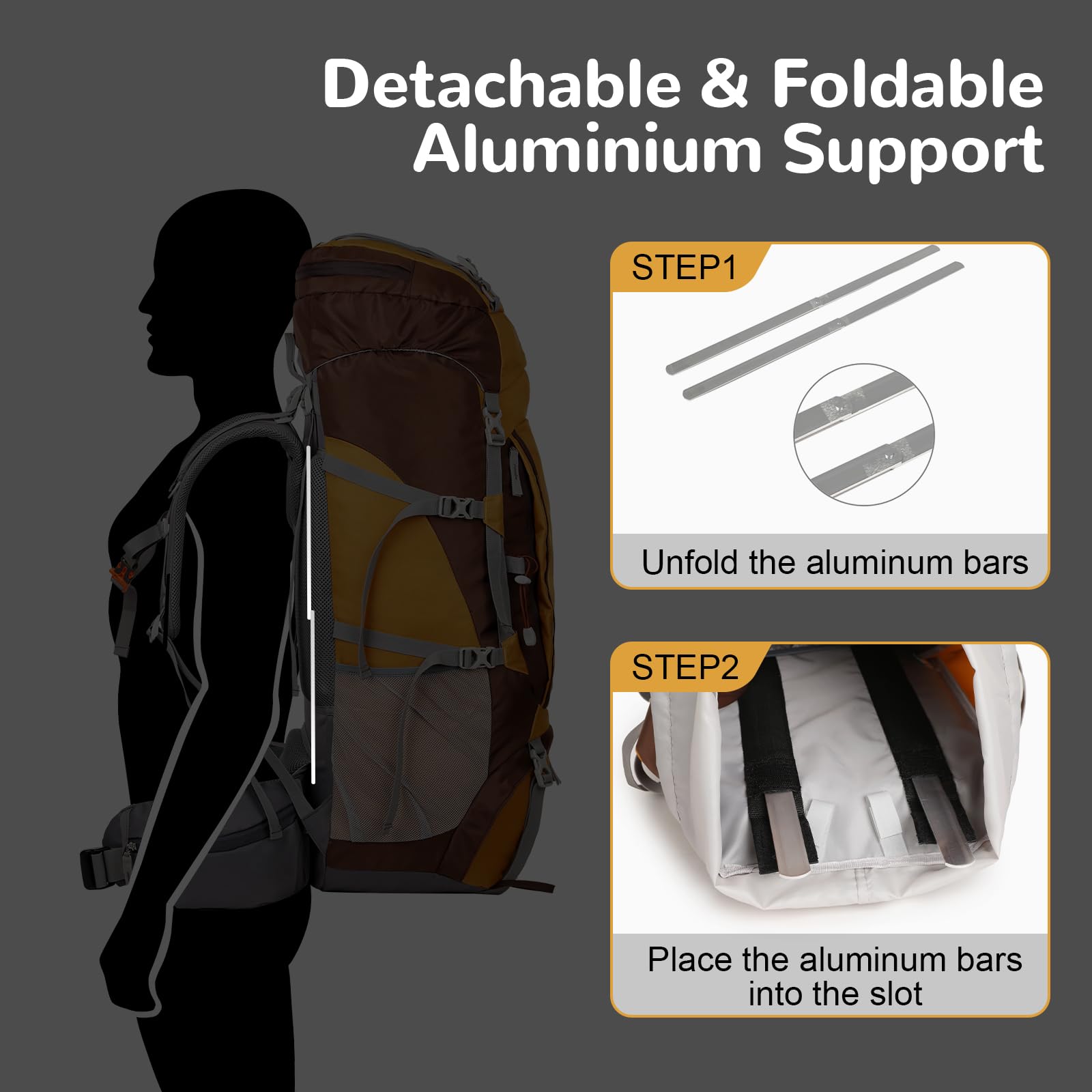 75L Grand Mochila Senderismo con Marco Interno, Mochila Montaña Acampada con Soporte de Aluminio Desmontable, Mochila Viaje Impermeable para Trekkimg Excursiones, Amarillo