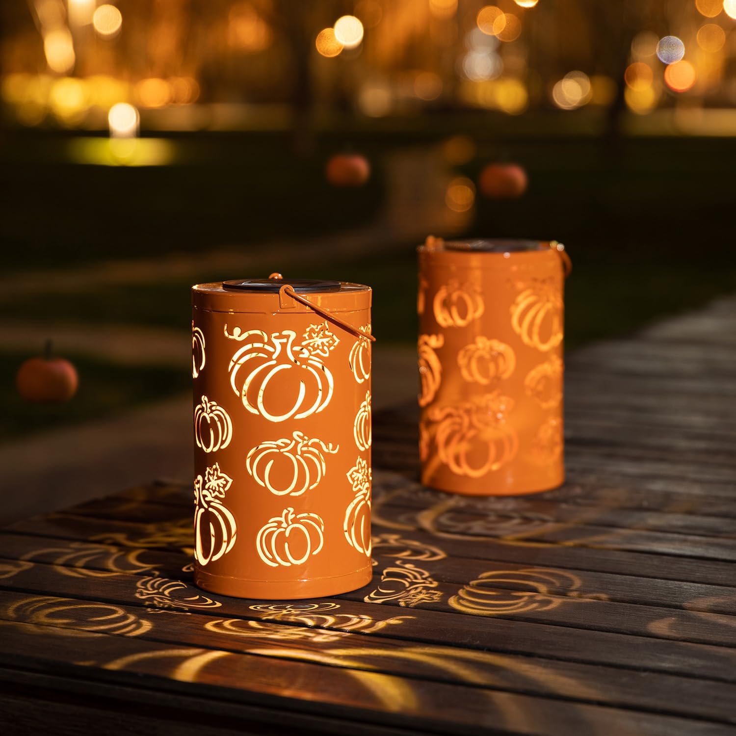 Glitzhome 10.75" H Fall Metal Pumpkin Lantern Decor Solar Powered LED Lantern Autumn Harvest Decorative Lanterns Thanksgiving Hanging or Standing Porch Decor Halloween Table Indoor Outdoor Decor