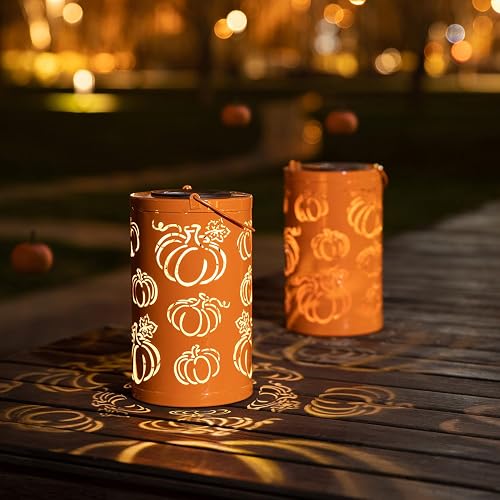 Glitzhome 10.75" H Fall Metal Pumpkin Lantern Decor Solar Powered