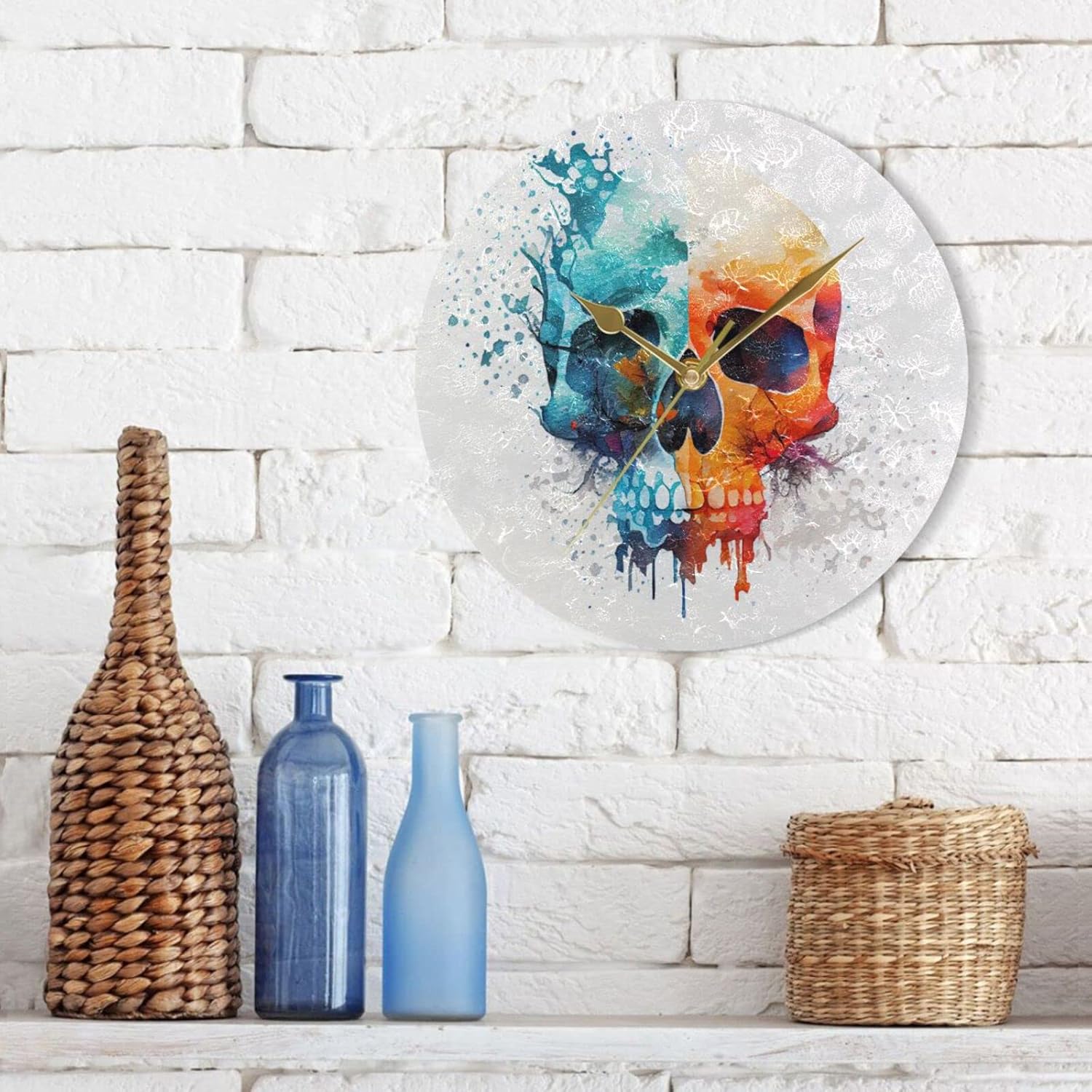 AIXIWAWA Round Table top Clock Wall Clock (Watercolor Skull) 9.84 inch Oil Painting Texture Modern Style