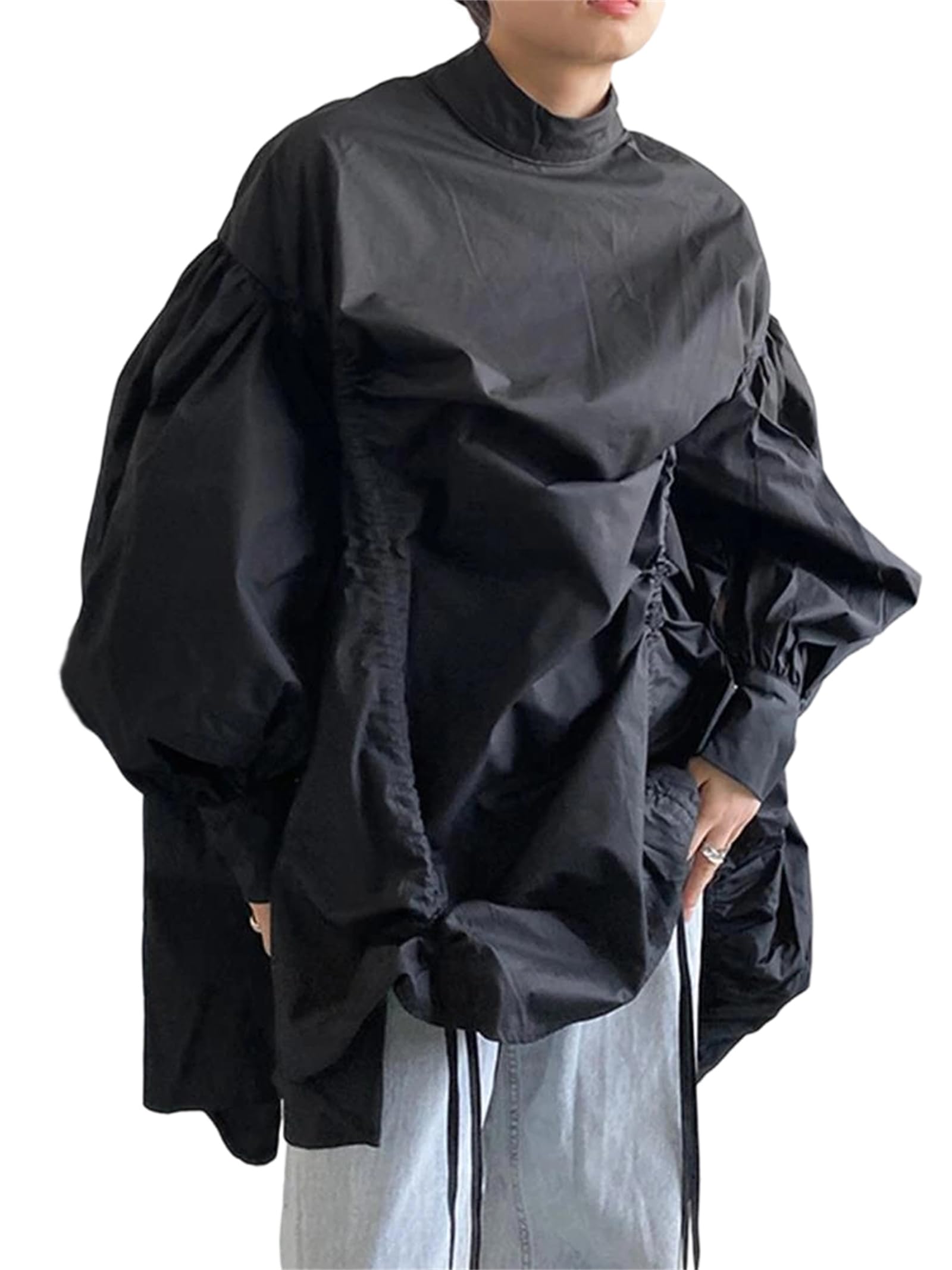 Genérico Blusa Holgada de Manga Larga con Cuello Alto y cordón Irregular para Mujer, Talla Grande, para Oficina y Trabajo (Talla única, Negra)