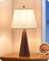 EDISHINE 21.85" Boho Farmhouse Table Lamp: Wood Grain Metal Base, Beige Linen Shade, Rustic Bedside Nightstand Light for Bedroom, Living Room, Office