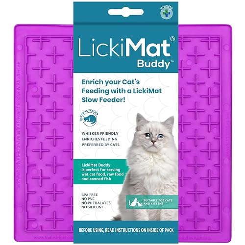 LICKIMAT Classic Buddy Cat Slow Feeders Lick Mat, Boredom Anxiety Reducer; Perfect for Food, Treats, Yogurt, or Peanut Butter. Fun Alternative to a Slow Feed Cat Bowl or Dish, Purple - Purple - Buddy
