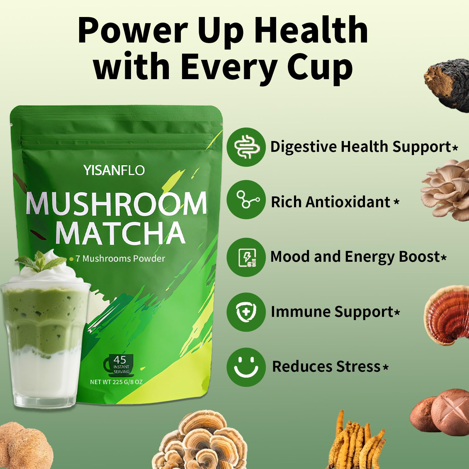 YISANFLO 7-in-1 Mushroom Matcha for Energy Focus Digestion Immunity Turkey Tail Shiitake Lions Mane Ceremonial-Grade Matcha Mushroom Powder — view 4