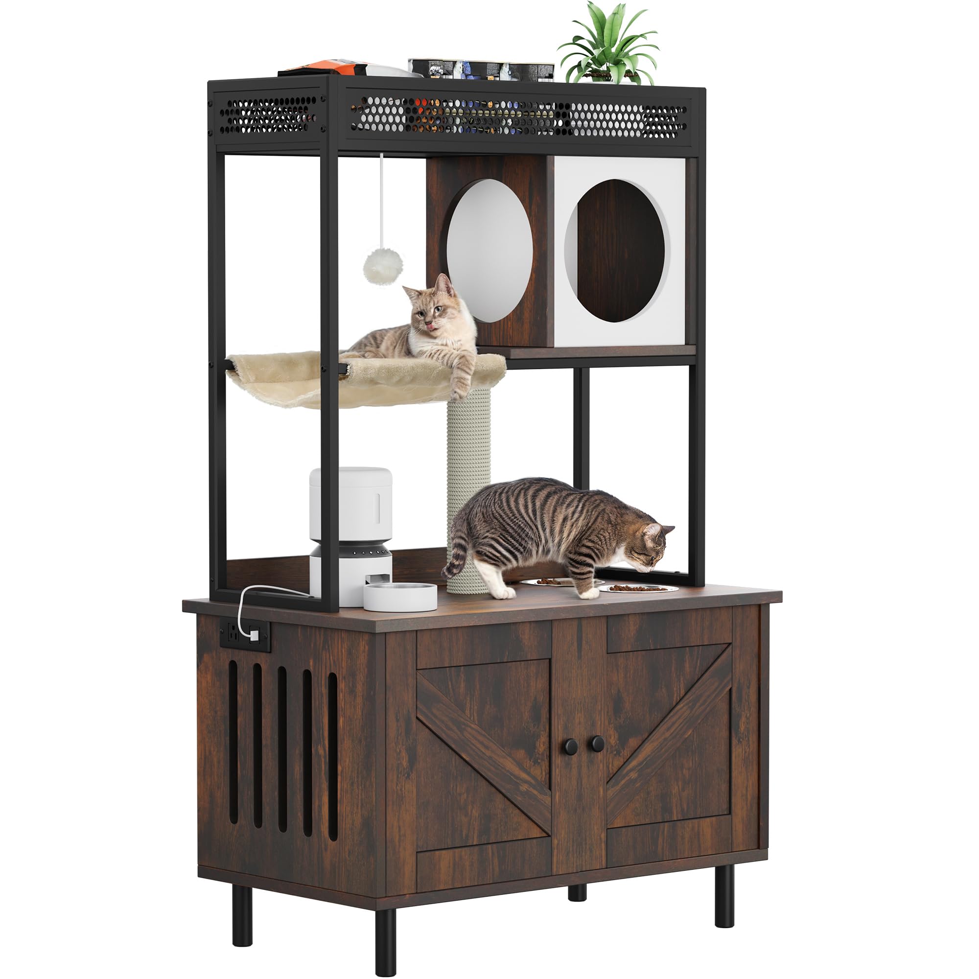YITAHOME Cat Litter Box Enclosure with Shelves and Charging Station, Large Hidden Wooden Cabinet with Scratch Post, Feeding Station, and House Condo, Brown