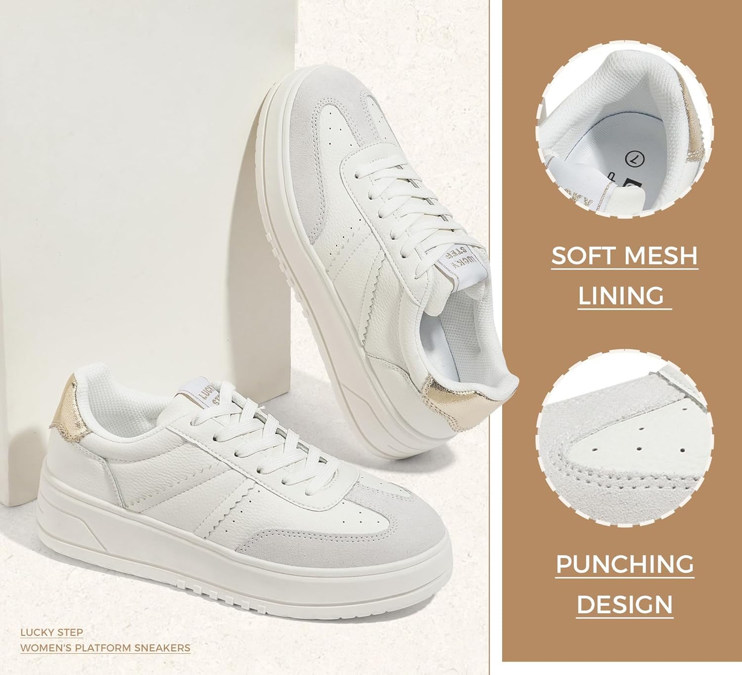 LUCKY STEP Women's Lace Up Platform Sneakers Thick Sole Comfortable Casual Fashion Faux Leather Tennis Low Top Walking Shoes