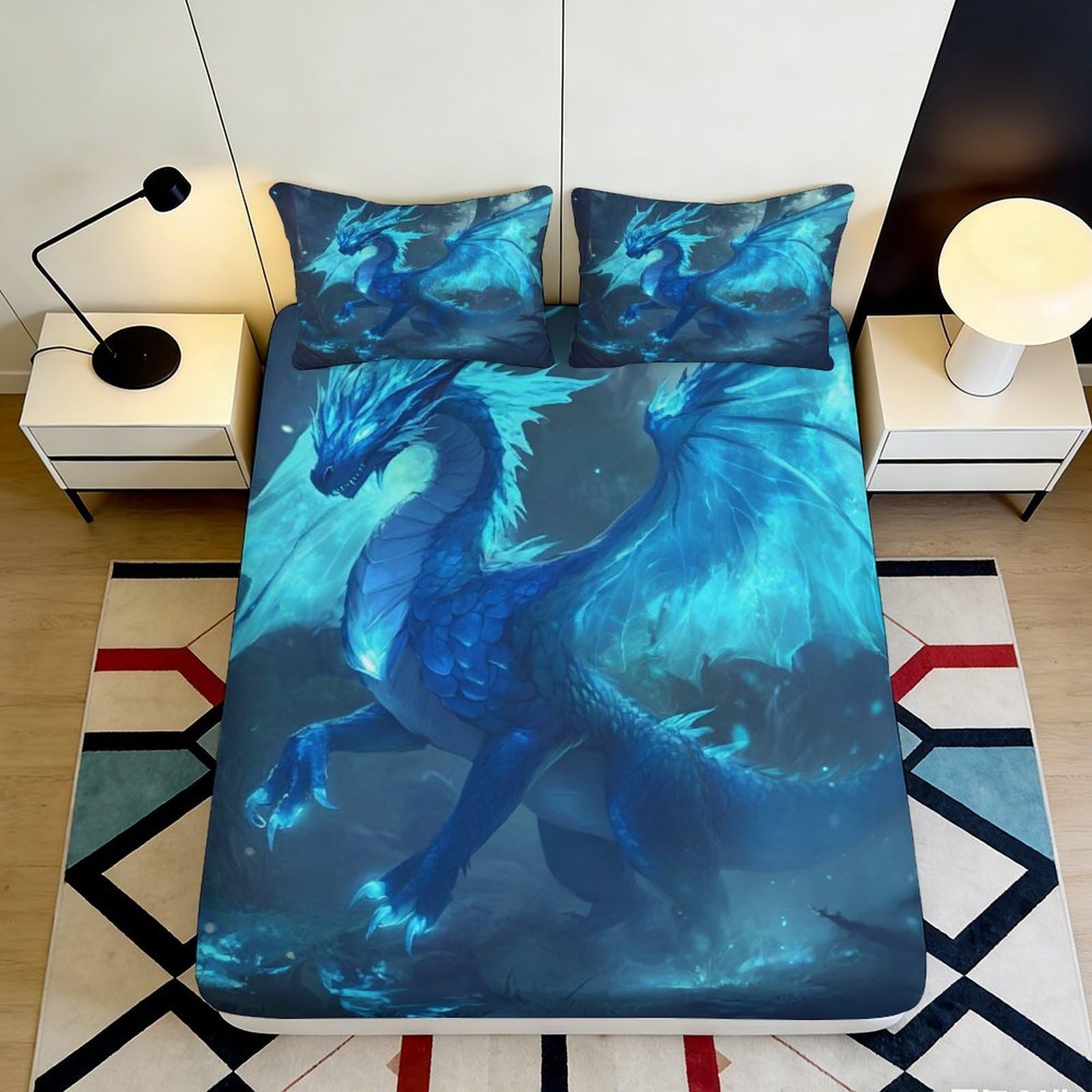 3D Printed Blue Dragon Fitted Sheet Microfiber Soft Anti-Slip Fantasy Fire Dragon Mattress Cover for Bedroom Dorm Decor 160x200x25cm