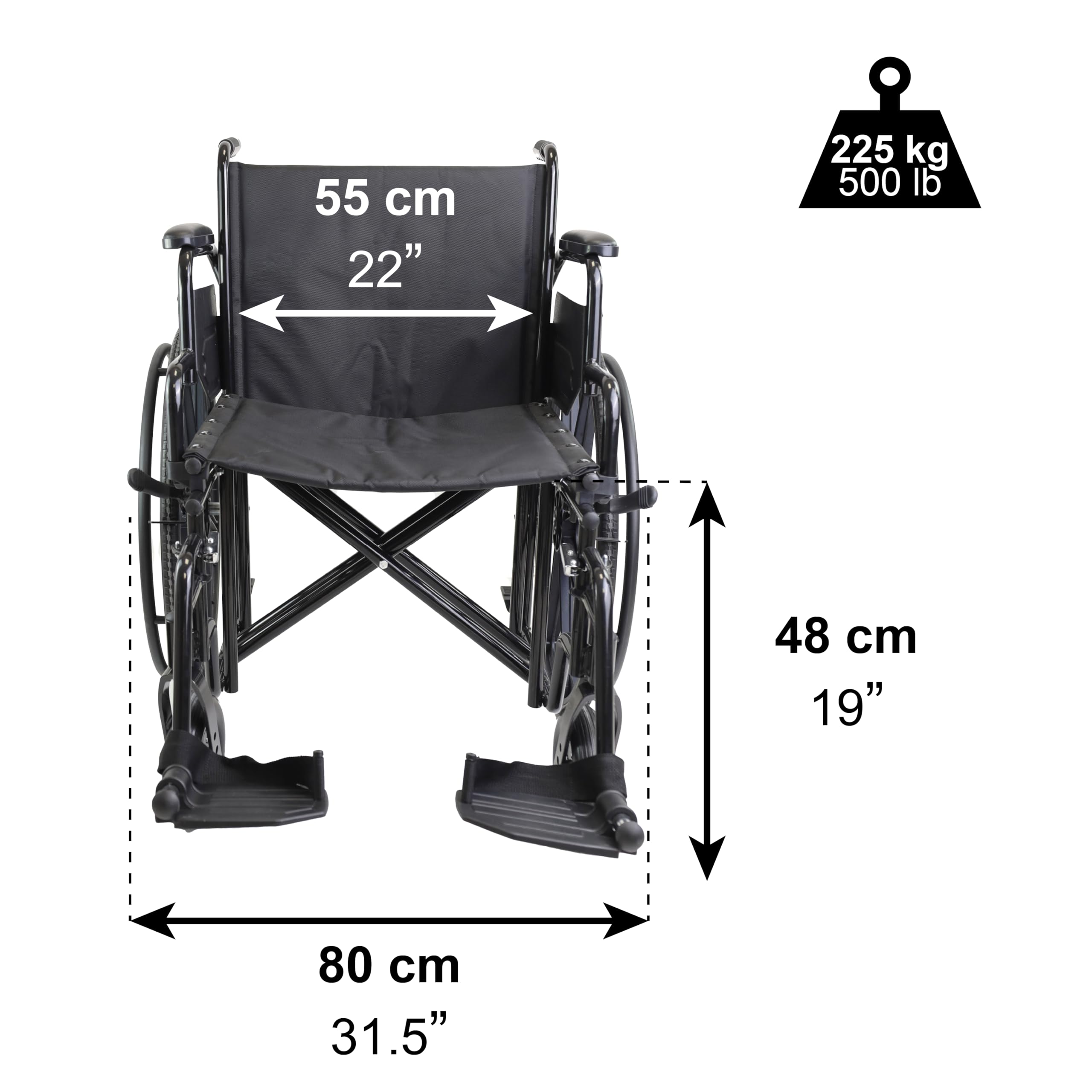 Silla de Ruedas Ancha Bariátrica (Asiento 55 cm), Soporta 225kg, Estructura de Acero con Freno, Reposabrazos y Reposapies Abatibles