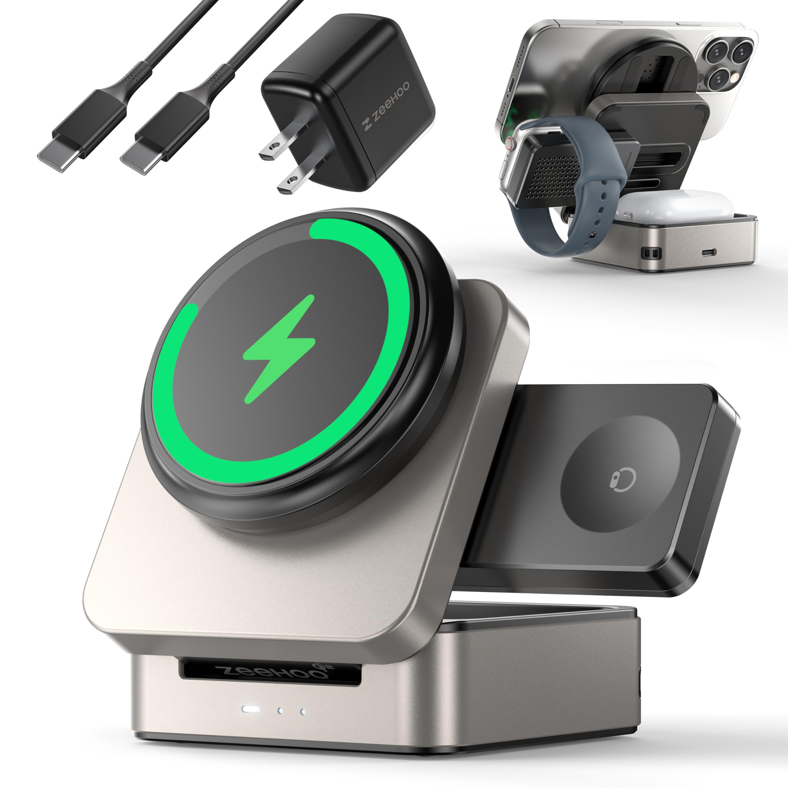 Photo 1 of ZEEHOO 3-in-1 Foldable Magnetic Wireless Charging Station, Qi2 Certified 15W Travel Charger Stand Dock Wireless Charger for iPhone 17/16/15/14/13/12 Series, Apple Watch, AirPods (30W Adapter Included)