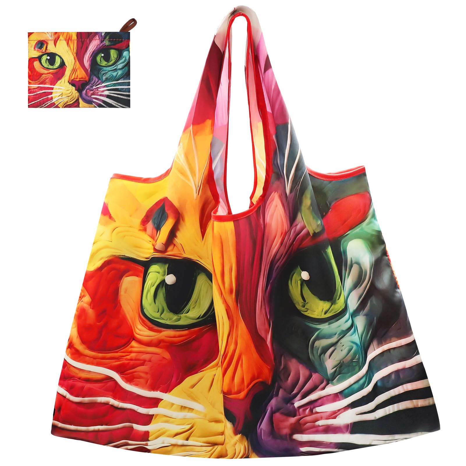 CHEESANHERR Foldable Reusable Shopping Bags, Large Folding Shopper Bag, Lightweight Tote Bag Grocery Bag, Washable Handbag Portable Pouch for Daily Use Shopping Travel, 53 X 66 cm (Colorful Cat)