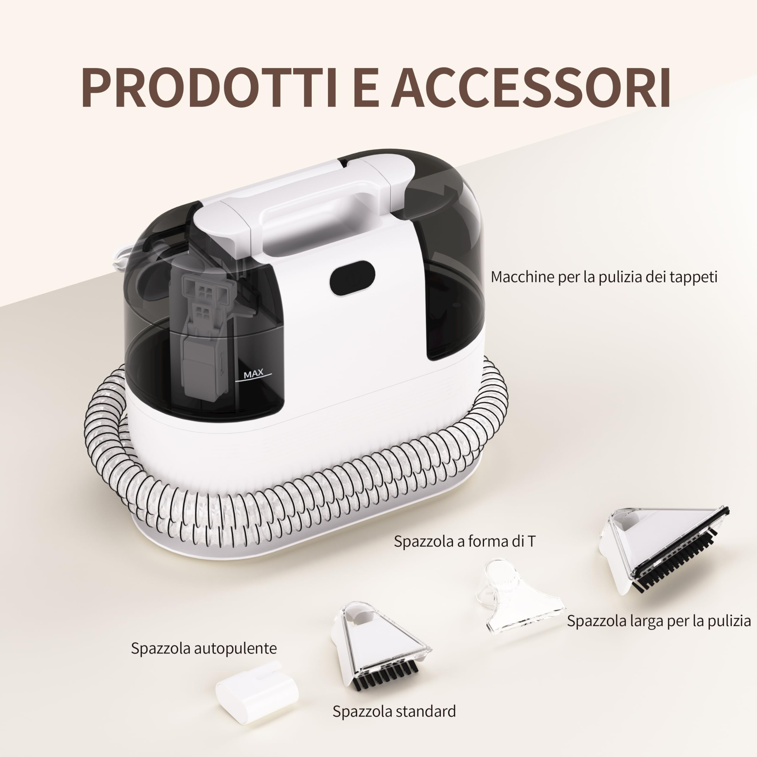 Lavatappeti e Divani Lava e Asciuga, Aspirapolvere Lavatappeti 500W 18Kpa, Pulitore Tappezzeria Portatile con Doppio Serbatoio, Tubo Lungo per Pulizia Divano, Materasso, Sedili Auto e Macchie Animali