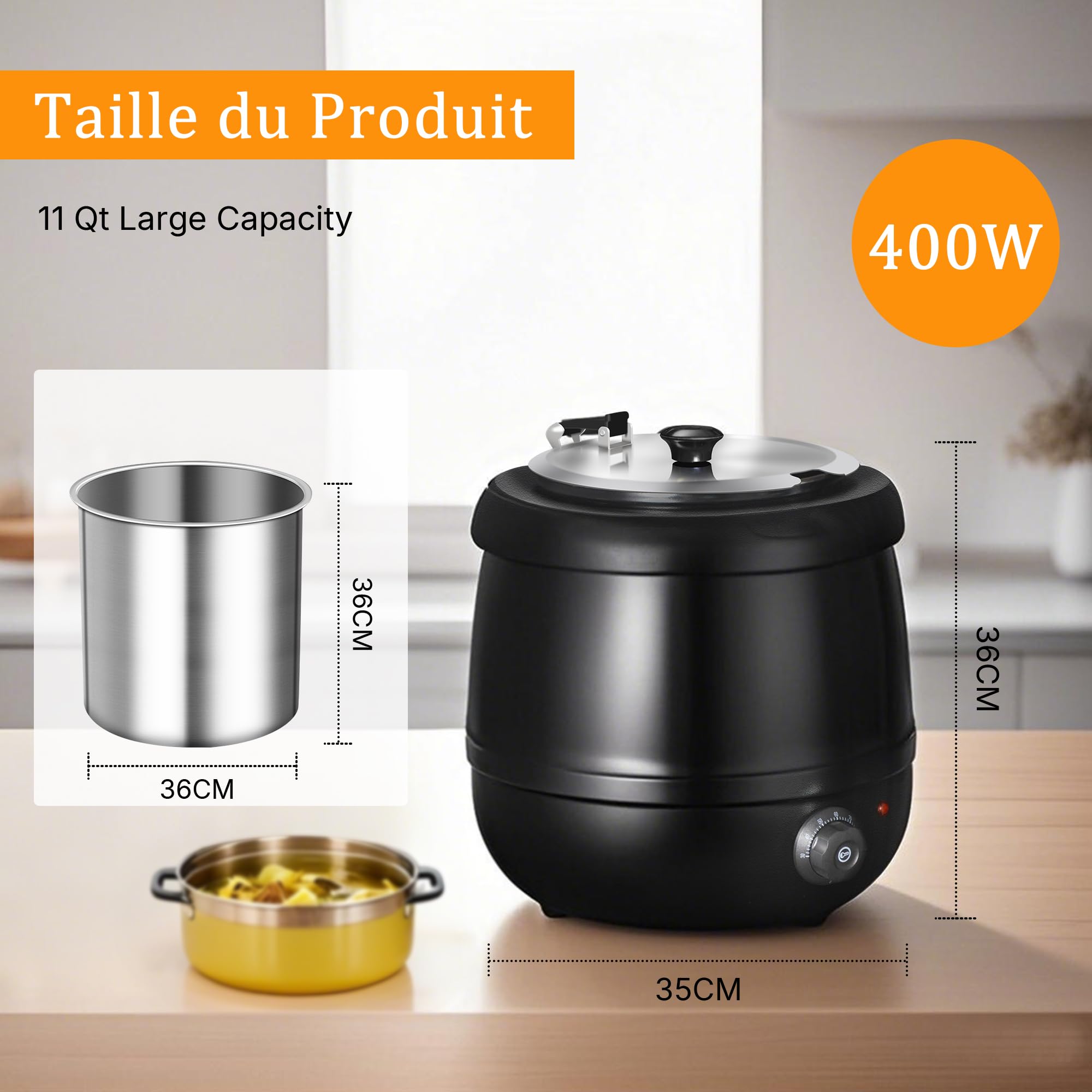Hakka Marmite à Soupe Électrique10L, Chauffe-Soupe avec Couvercle à Charnière, Marmite Amovible en Acier Inoxydable, Température Réglable de 30 à 85 °C, Pour Restaurant, Buffet et Traiteur.
