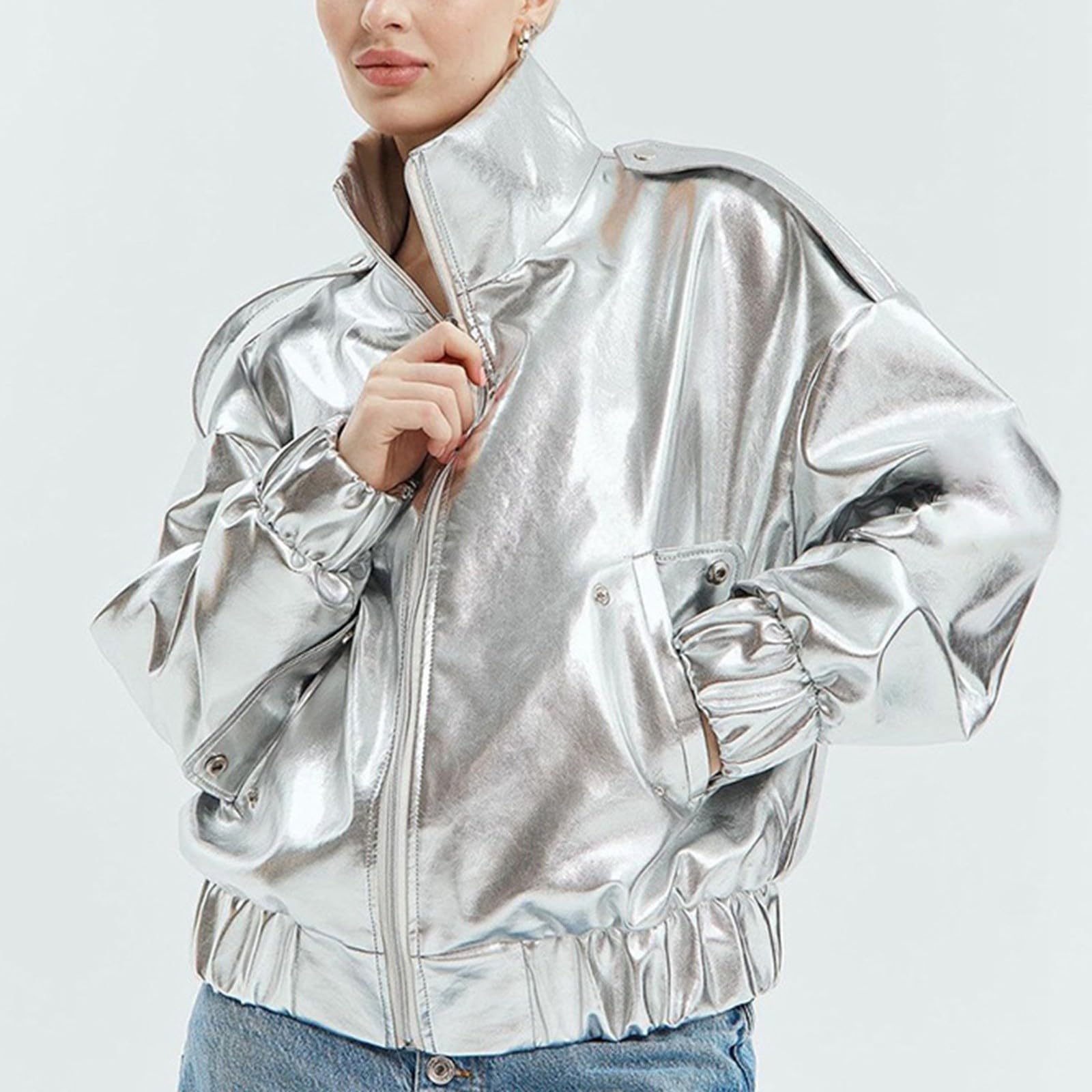 Damen Weihnachten Glitzer Jacke Langarm Holografisch Glänzend Metallic Party Revers Pailletten Jacke