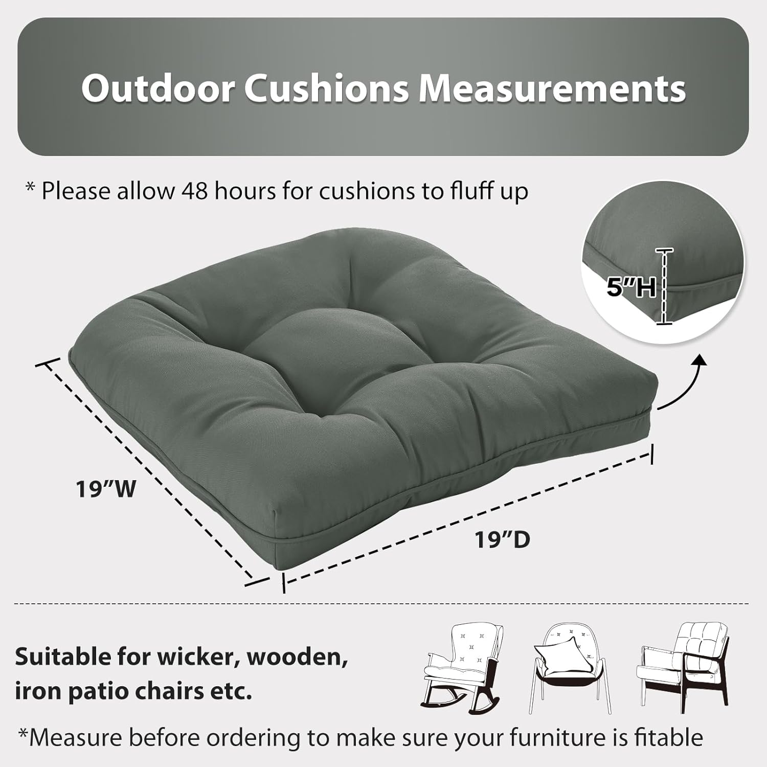 19x19 outdoor chair cushions set of 2, tufted wicker patio furniture cushions, thick outdoor seat cushions for lawn chairs, overstuffed and water resistant, grey 01 - dark grey 19"x19"x5"(pack of 2)