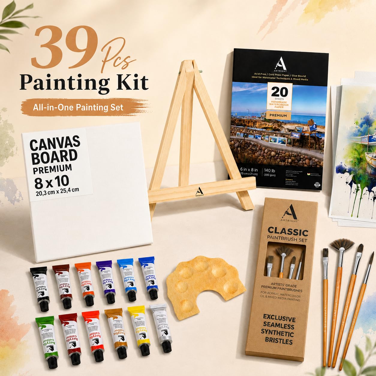 ArtRight 39 Pcs Painting Kit for Beginners & Kids with 4 Paint Brushes - Mini Wooden Easel with Canvas - 20 A5 Watercolor Papers - Mini Painting Palette - Artists Color Set of 12 1