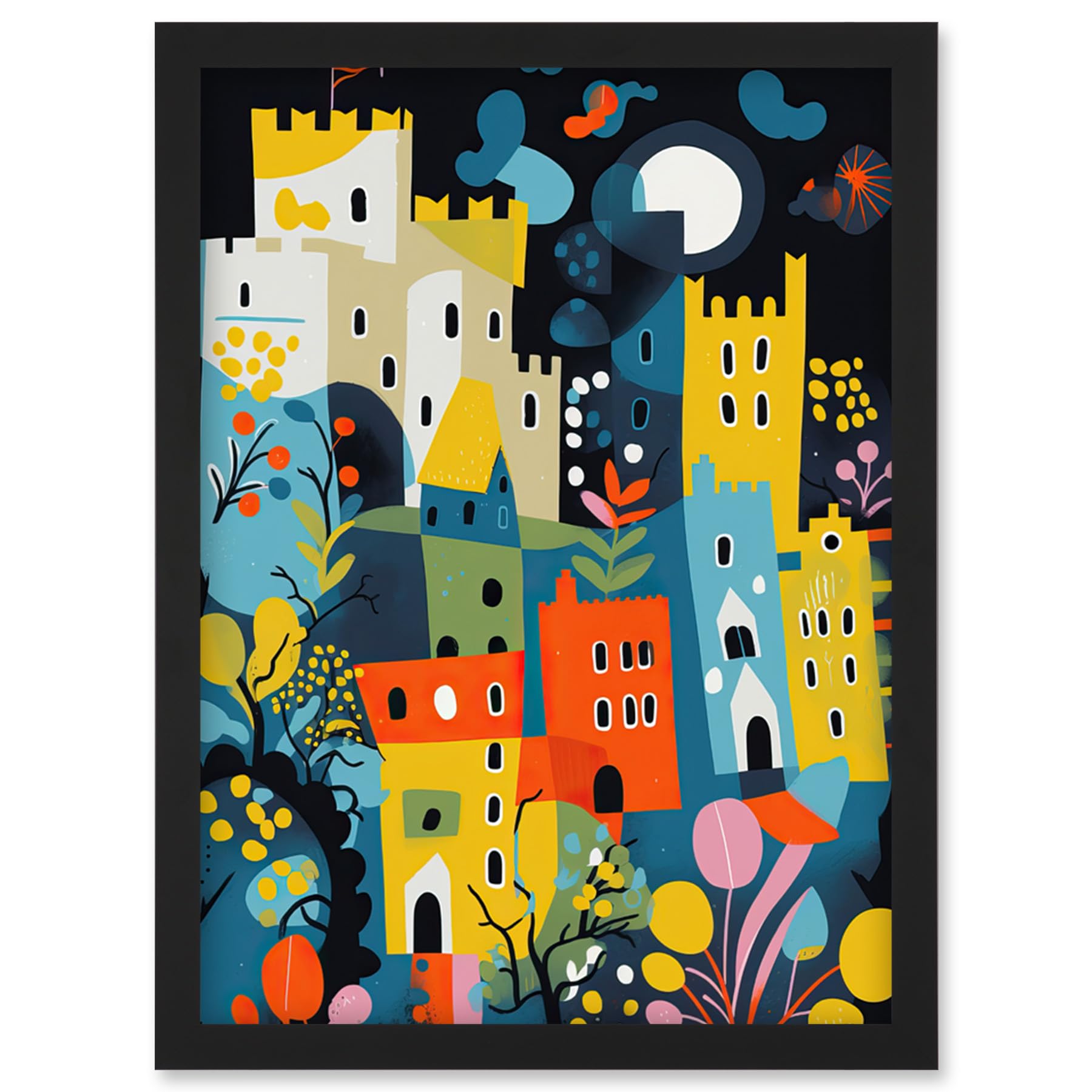 Nottingham at Night Abstract Folk Art Cityscape Framed Wall Art Picture Print A4