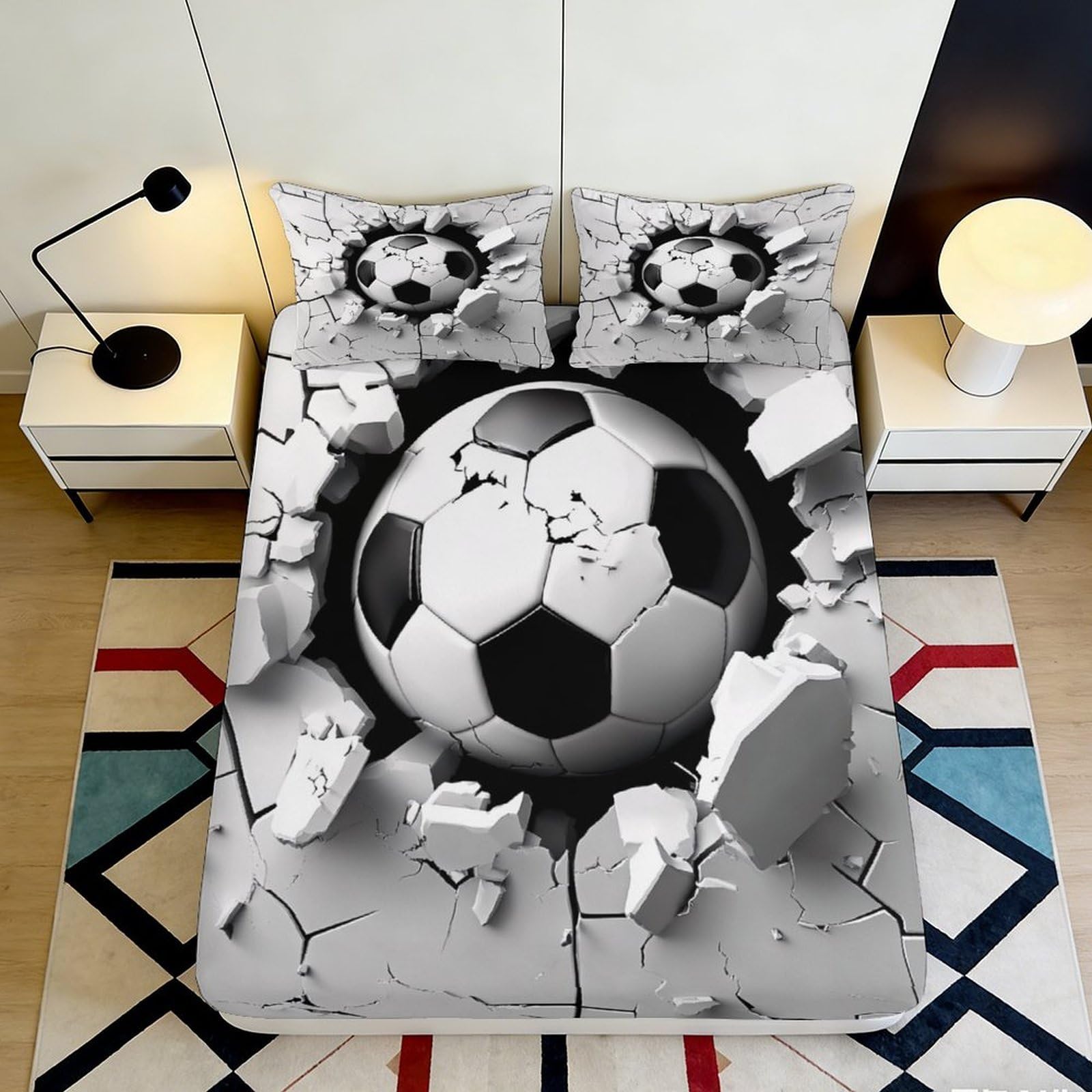 3D Printed Soccer Ball Fitted Sheet Microfiber Grey Cracked Wall Bed Cover for Bedroom Dorm Mattress Protection Decor 90x200x25cm