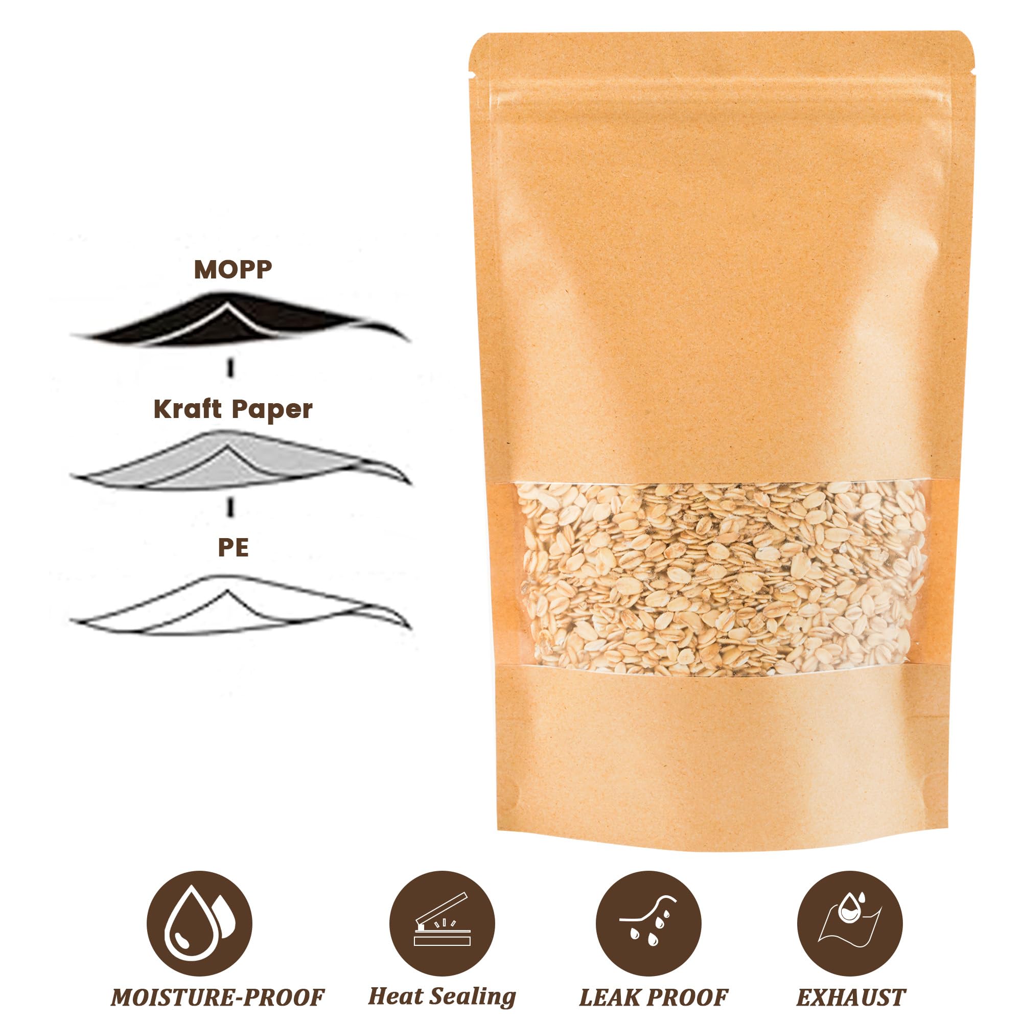 100 bolsas de papel kraft con ventana (6.7 x 9.5 pulgadas), bolsas de papel resellables para almacenamiento de alimentos, bolsa de regalo reutilizable para dulces, galletas, bolsa de 6