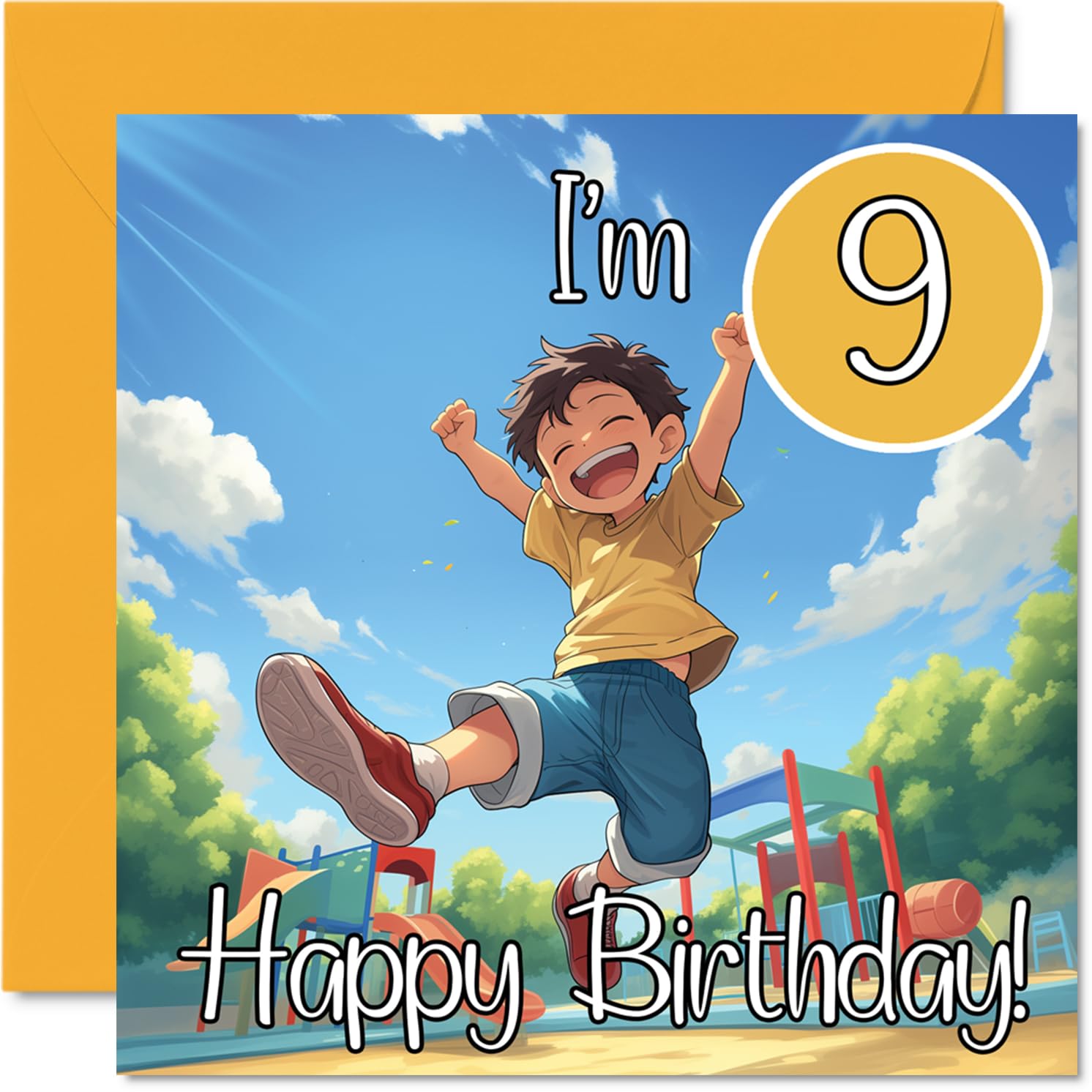 9th Birthday Cards for Boys - Anime Kid - Happy Birthday Card for 9 Year Old Boy Step Son Great Nephew Godson Nephew, 145mm Bday Greeting Cards