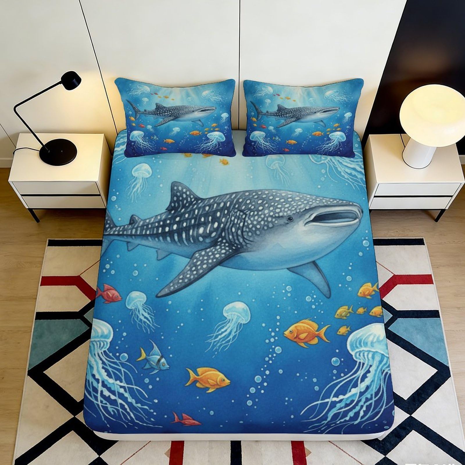 3D Printed Whale Shark Fitted Sheet Microfiber Soft Breathable Ocean Life Bed Cover for Bedroom Dormitory Guest Room Mattress Protection Decor 120x200x25cm